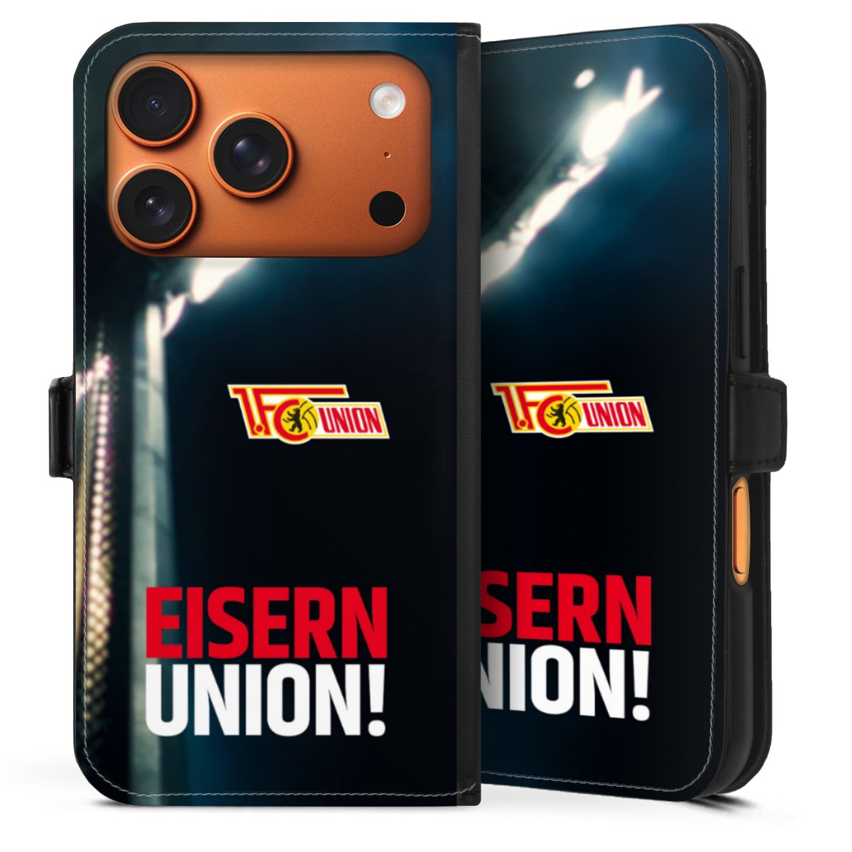 iPhone 17 Pro Handy Klapphülle Handyhülle aus Kunst Leder schwarz Flip Case 1. Fc Union Berlin Merchandise Soccer Sideflip mit Lasche