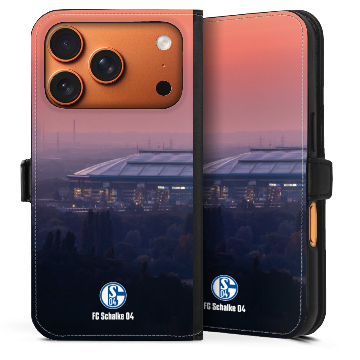 iPhone 17 Pro Handy Klapphülle Handyhülle aus Kunst Leder schwarz Flip Case Fc Schalke 04 Stadium Schalke 04 Sideflip mit Lasche