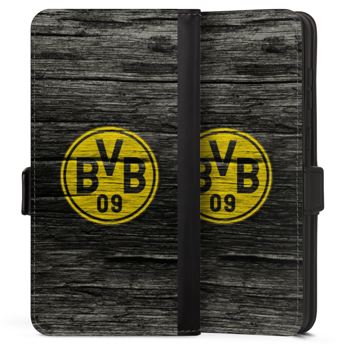 Galaxy S25 Edge Handy Klapphülle Handyhülle aus Kunst Leder schwarz Flip Case Wooden Look Borussia Dortmund Bvb Sideflip mit Lasche