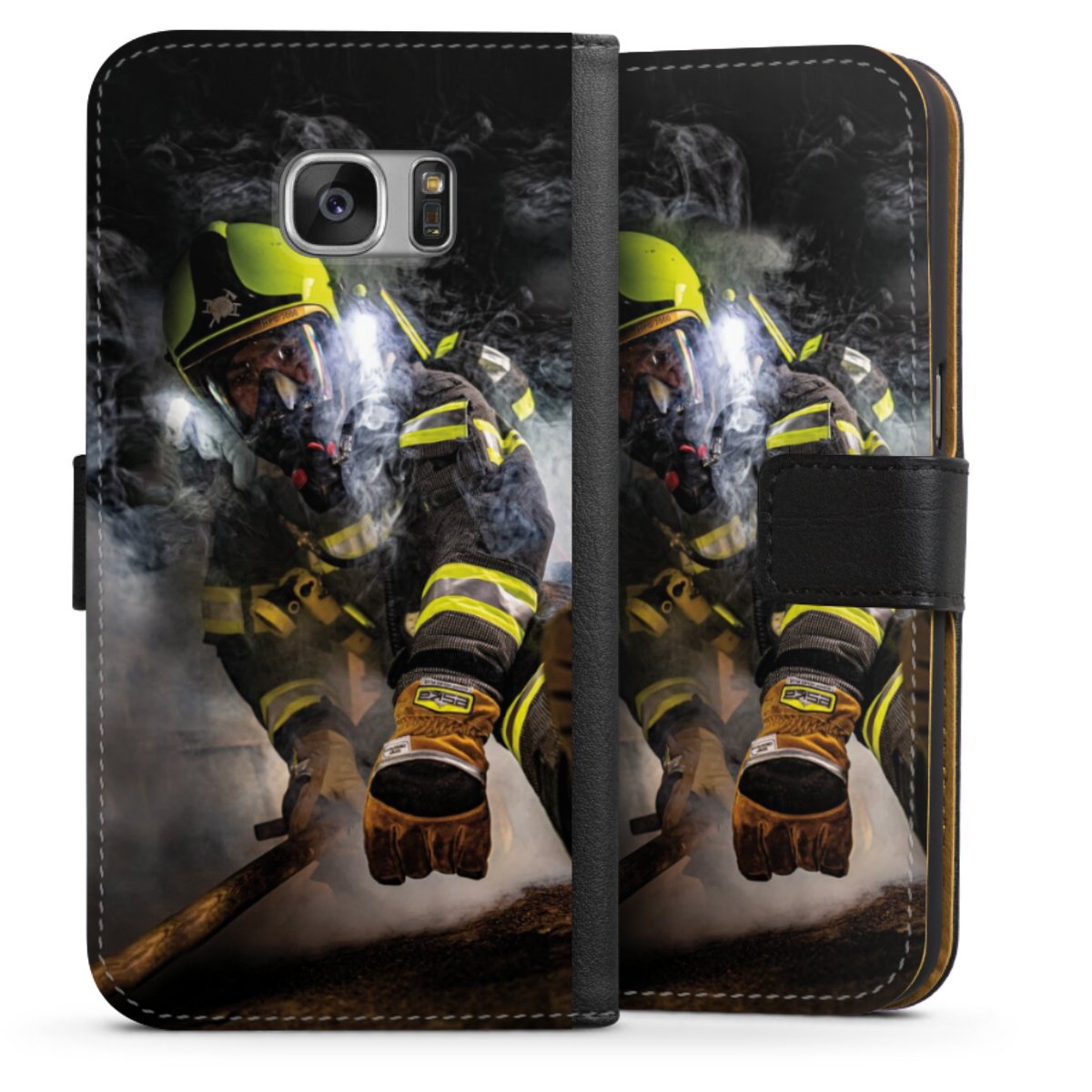 Galaxy S7 Handy Klapphülle Handyhülle aus Kunst Leder schwarz Flip Case Fire Fighter Fire Fire Fighters Sideflip mit langer Lasche