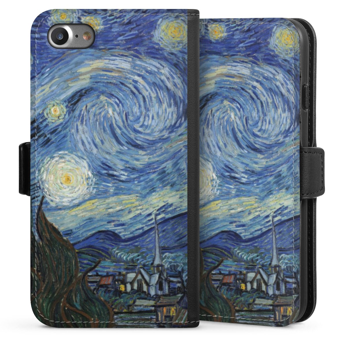 iPhone SE (2020) Handy Klapphülle Handyhülle aus Kunst Leder schwarz Flip Case Vincent Van Gogh The Starry Night Kunst Sideflip mit Lasche