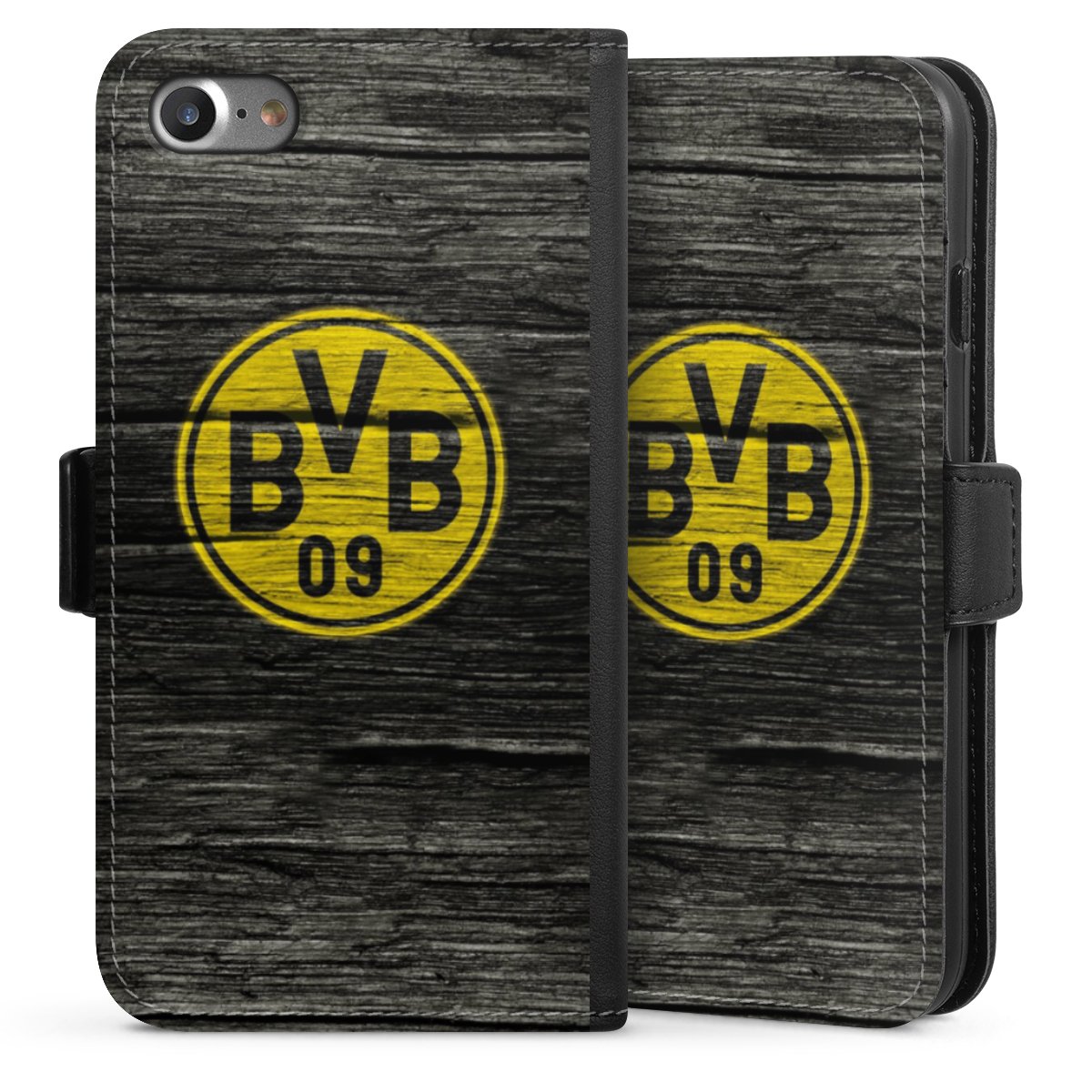 iPhone SE (2020) Handy Klapphülle Handyhülle aus Kunst Leder schwarz Flip Case Wooden Look Borussia Dortmund Bvb Sideflip mit Lasche