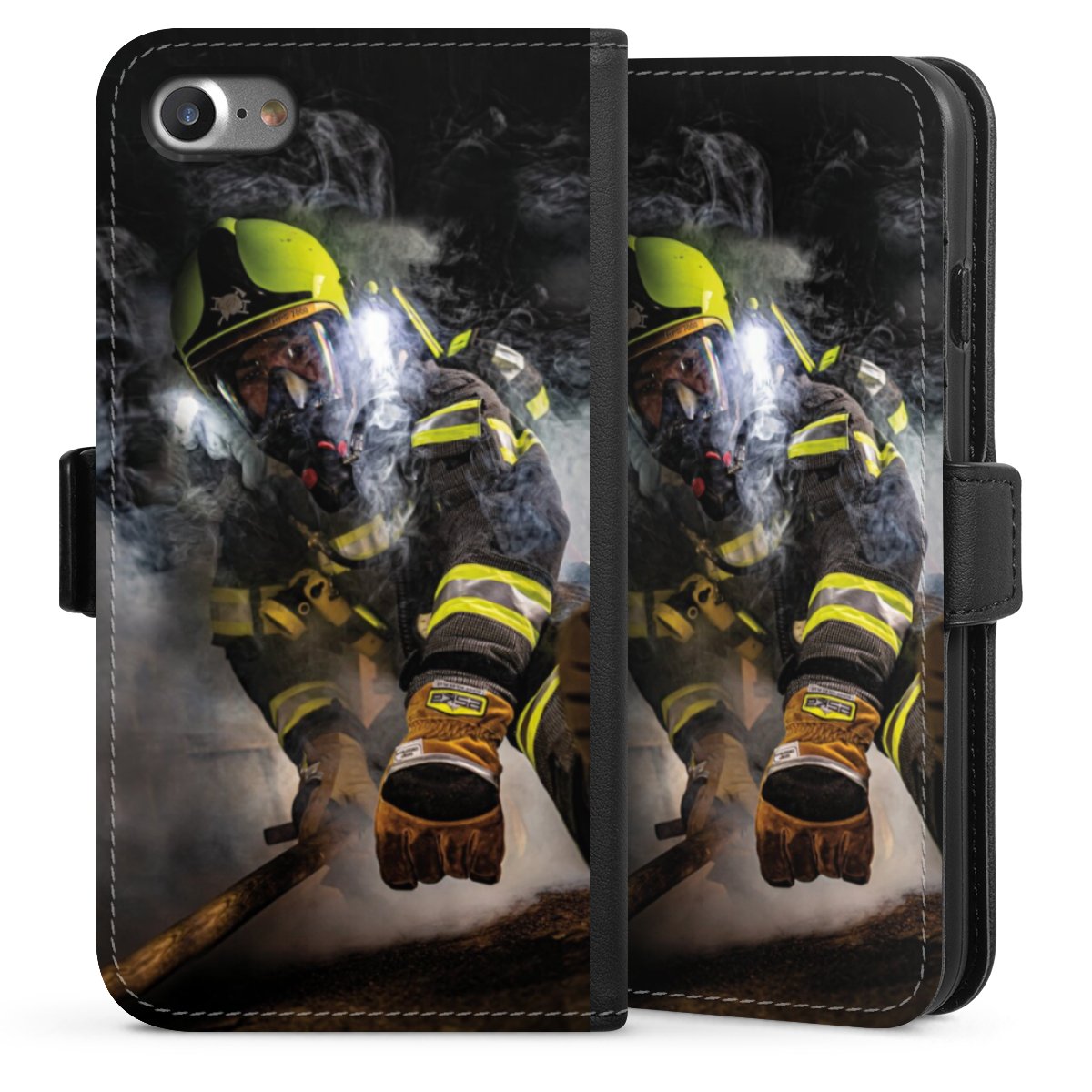 iPhone SE (2020) Handy Klapphülle Handyhülle aus Kunst Leder schwarz Flip Case Fire Fire Fighter Fire Fighters Sideflip mit Lasche