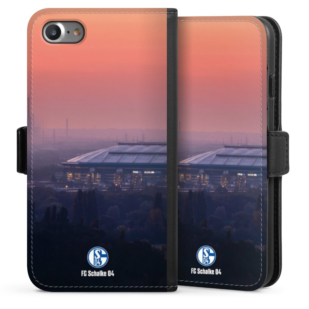 iPhone SE (2020) Handy Klapphülle Handyhülle aus Kunst Leder schwarz Flip Case Fc Schalke 04 Stadium Schalke 04 Sideflip mit Lasche