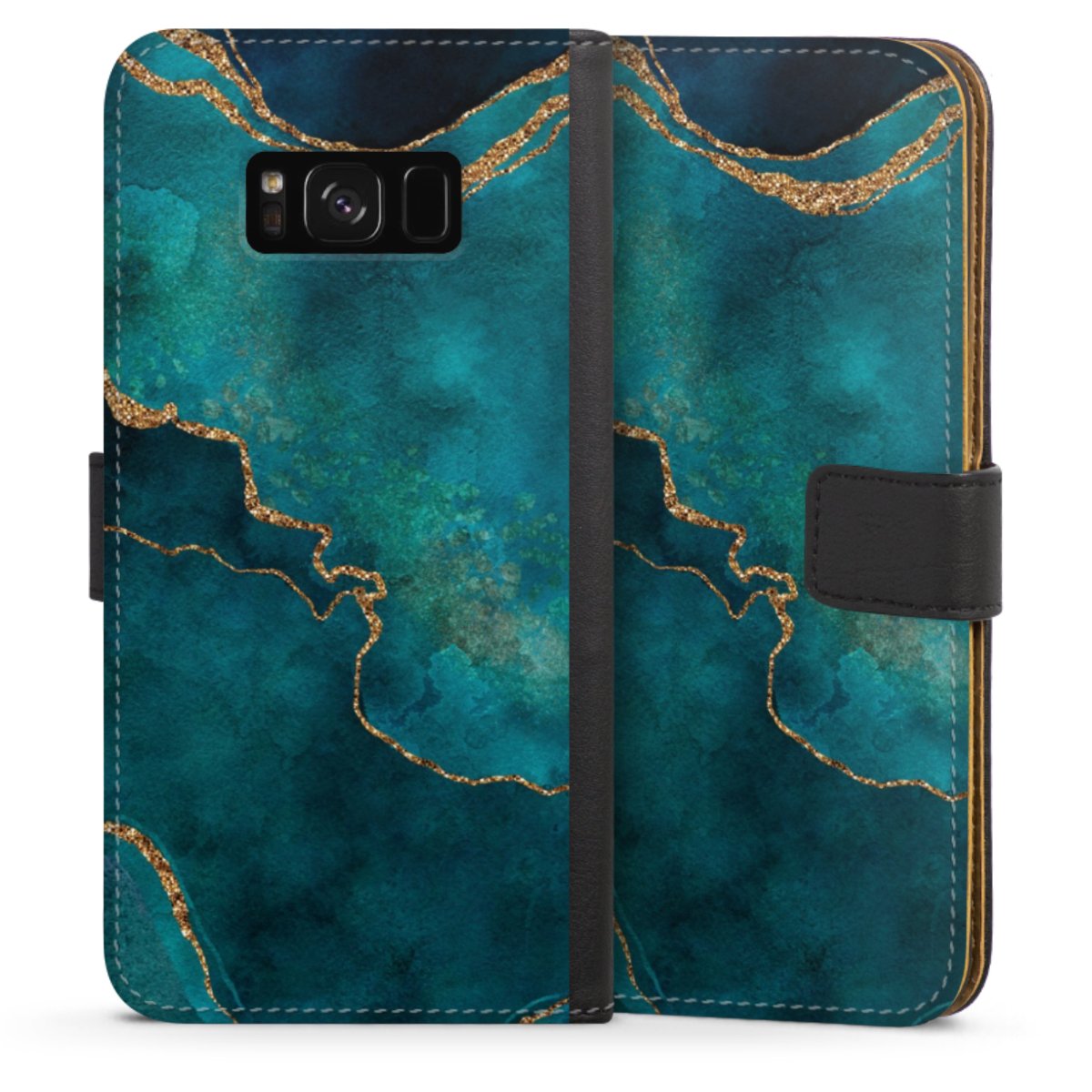 Galaxy S8 Plus Handy Klapphülle Handyhülle aus Kunst Leder schwarz Flip Case Kunst Glitzer Marble Sideflip mit langer Lasche