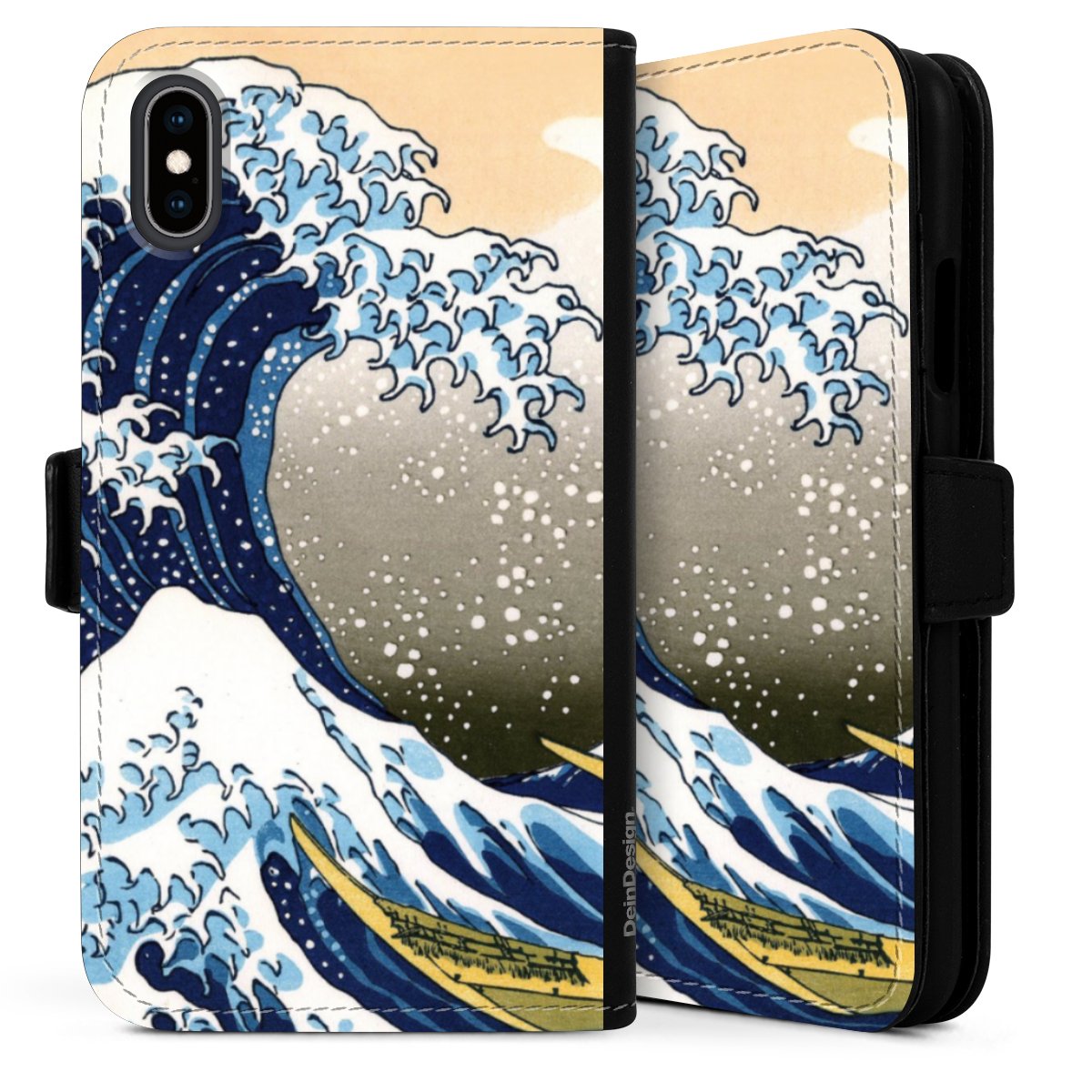 iPhone X Handy Klapphülle Handyhülle aus Kunst Leder schwarz Flip Case Die Große Welle Vor Kanagawa Kunst Katsushika Hokusai Sideflip mit langer Lasche