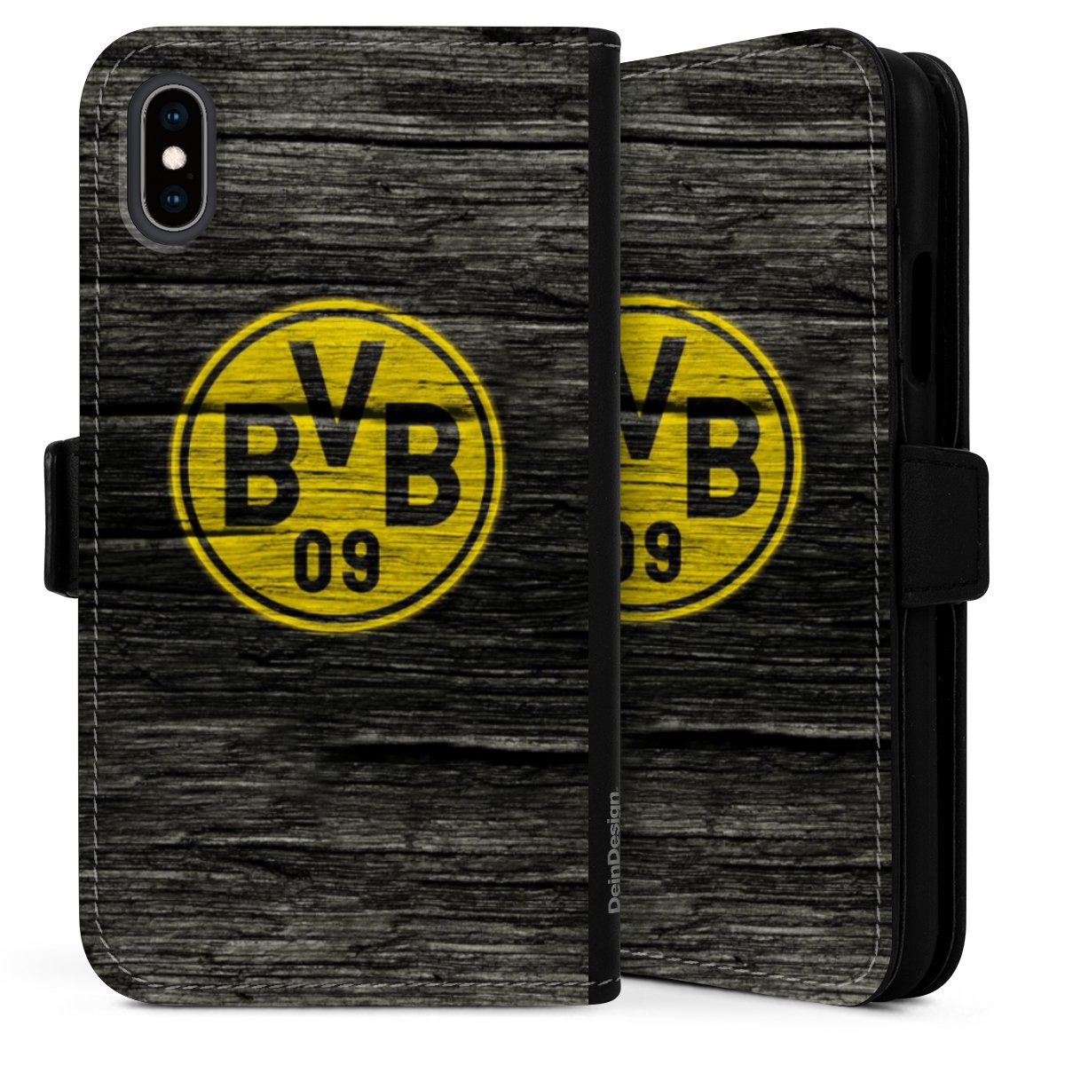 iPhone X Handy Klapphülle Handyhülle aus Kunst Leder schwarz Flip Case Wooden Look Borussia Dortmund Bvb Sideflip mit langer Lasche