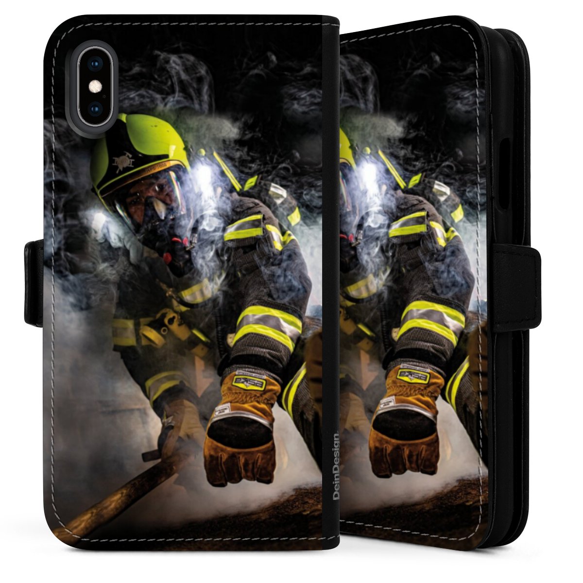 iPhone X Handy Klapphülle Handyhülle aus Kunst Leder schwarz Flip Case Fire Fire Fighter Fire Fighters Sideflip mit langer Lasche