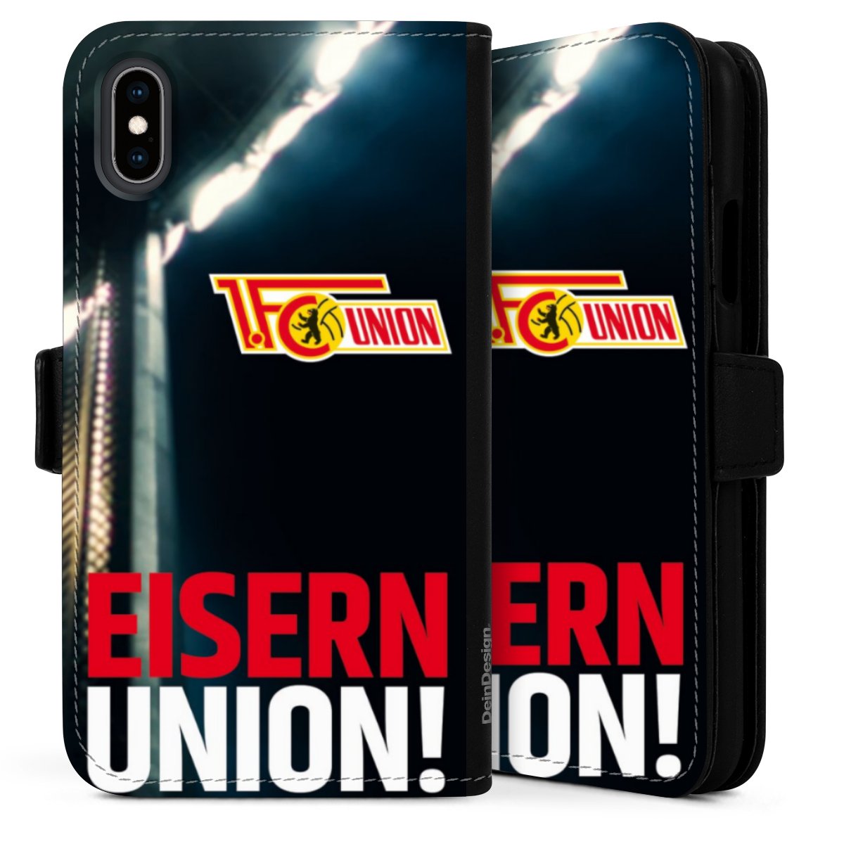 iPhone X Handy Klapphülle Handyhülle aus Kunst Leder schwarz Flip Case 1. Fc Union Berlin Merchandise Soccer Sideflip mit langer Lasche