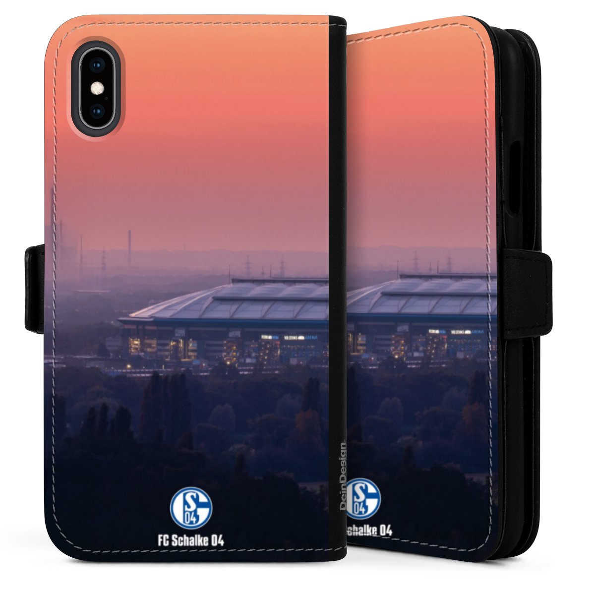 iPhone X Handy Klapphülle Handyhülle aus Kunst Leder schwarz Flip Case Fc Schalke 04 Stadium Schalke 04 Sideflip mit langer Lasche