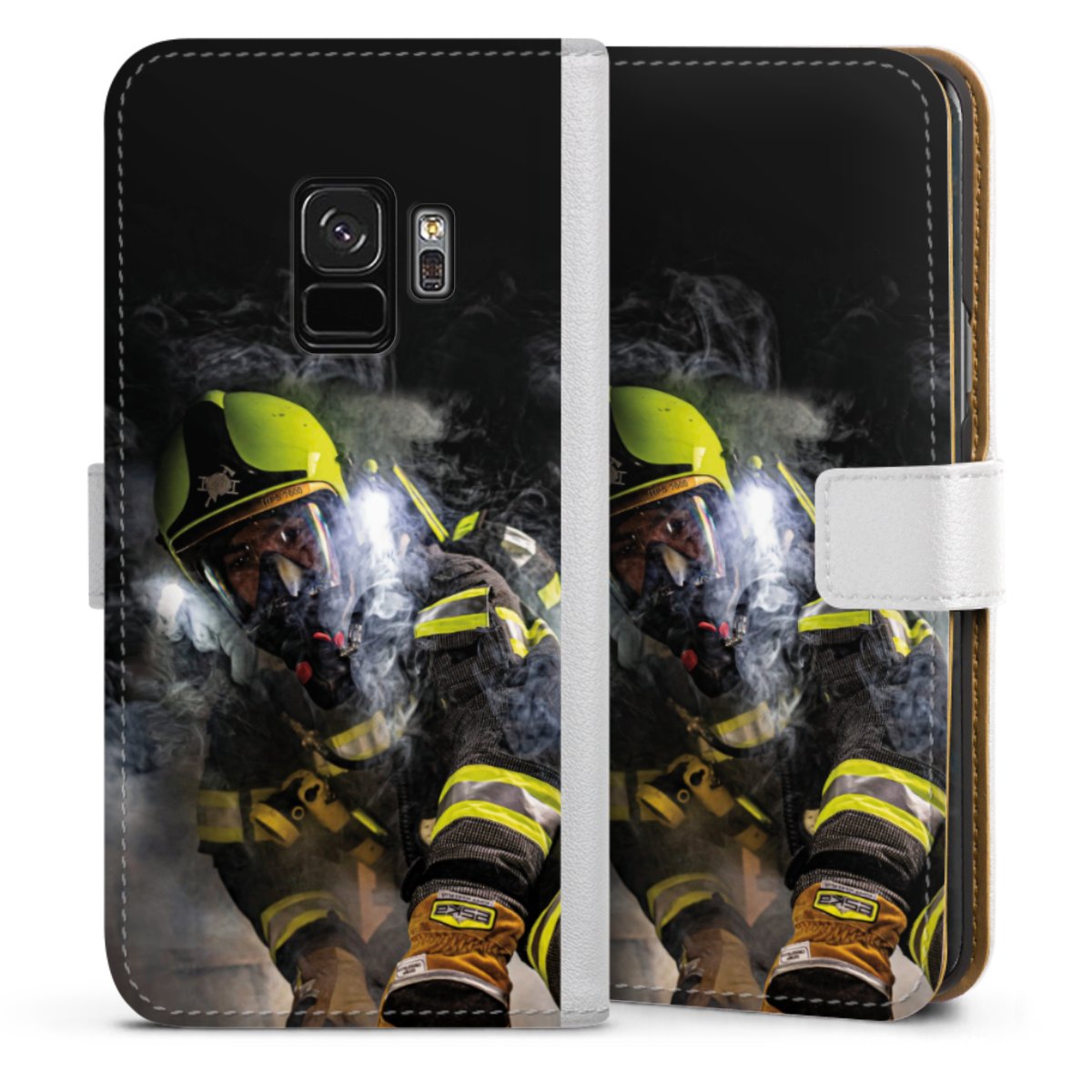 Galaxy S9 Handy Klapphülle Handyhülle aus Kunst Leder weiß Flip Case Fire Fighter Fire Fire Fighters Sideflip mit Lasche