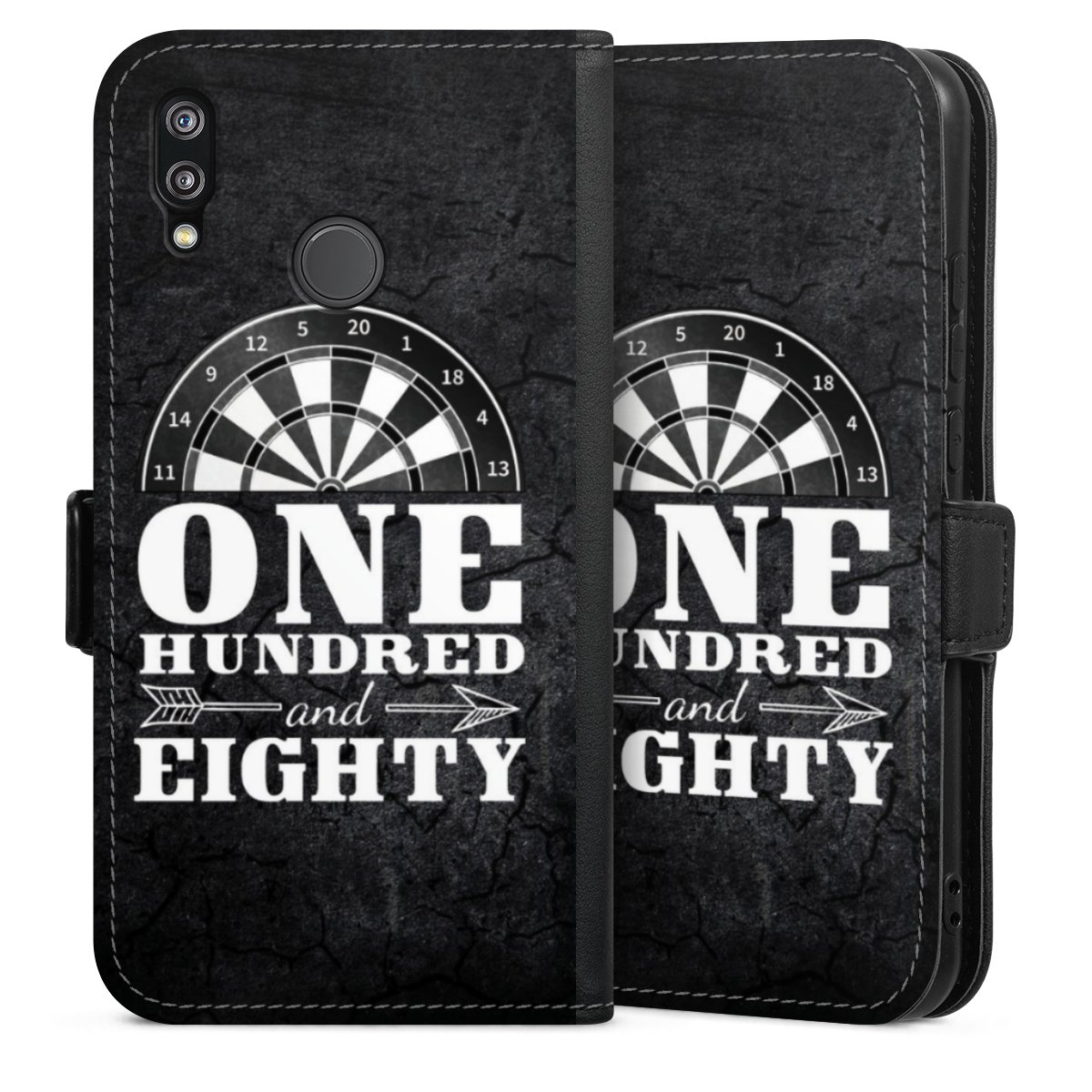 Huawei P20 Lite Handy Klapphülle Handyhülle aus Kunst Leder schwarz Flip Case Spruch Darts Sports Sideflip mit Lasche