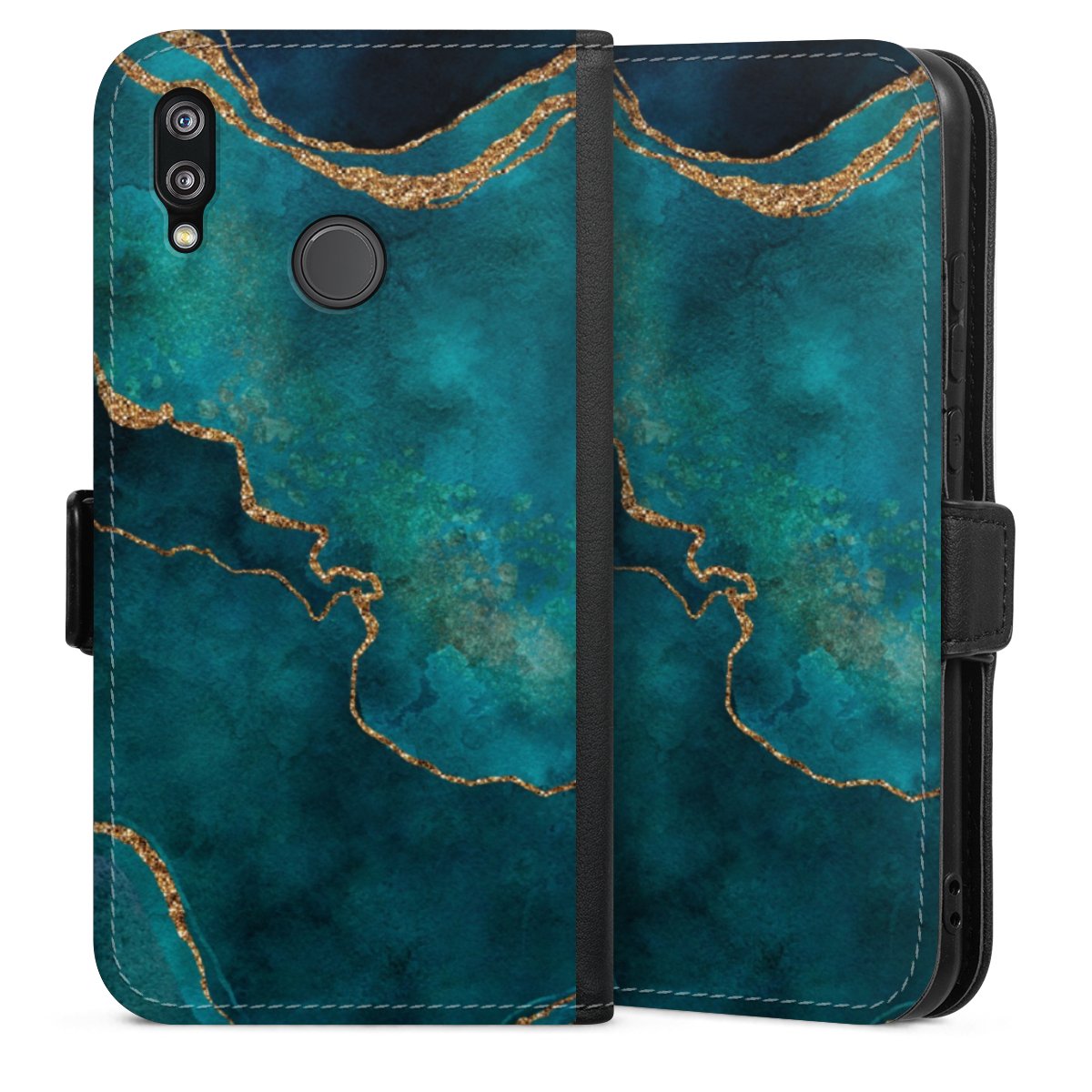 Huawei P20 Lite Handy Klapphülle Handyhülle aus Kunst Leder schwarz Flip Case Kunst Glitzer Marble Sideflip mit Lasche