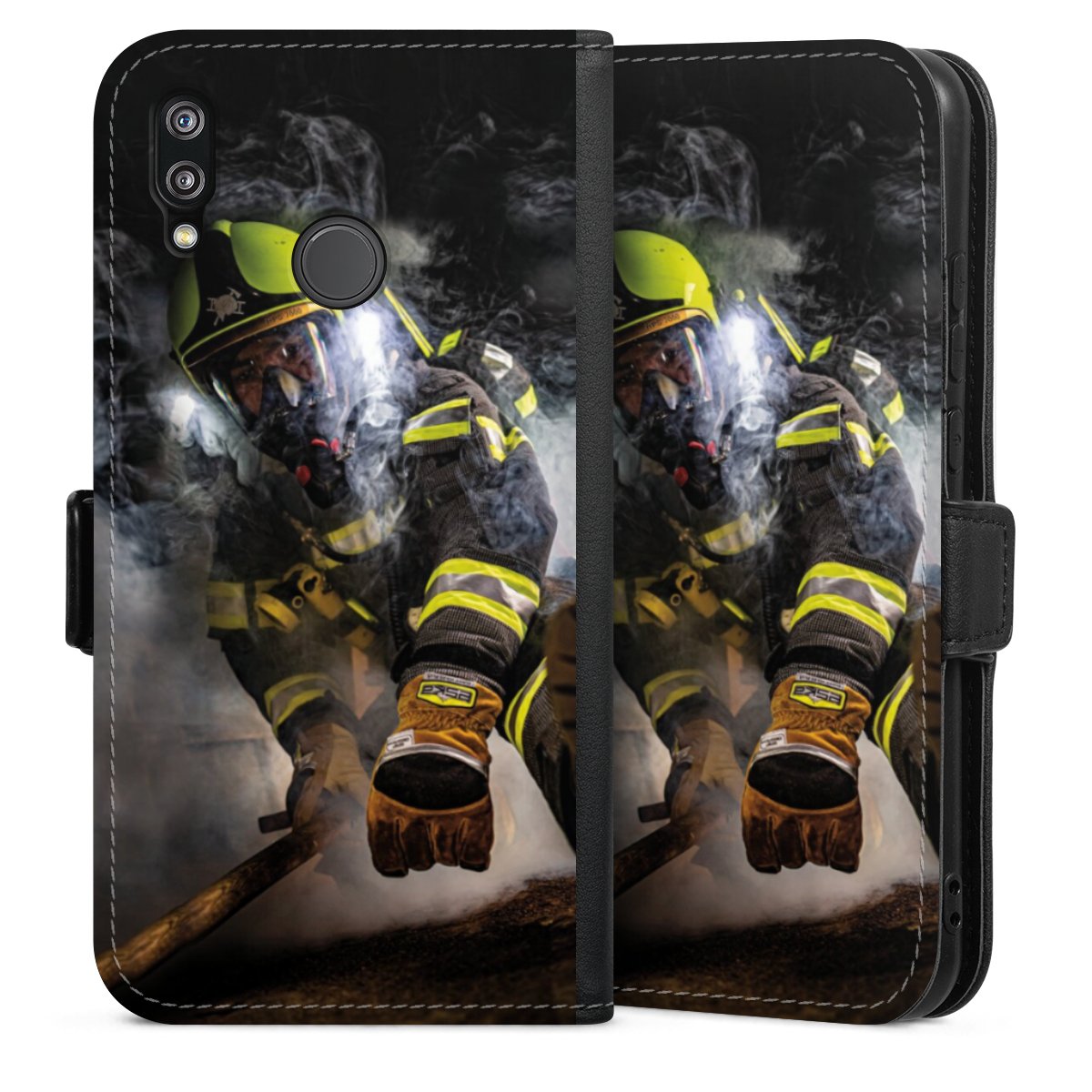 Huawei P20 Lite Handy Klapphülle Handyhülle aus Kunst Leder schwarz Flip Case Fire Fighter Fire Fire Fighters Sideflip mit Lasche