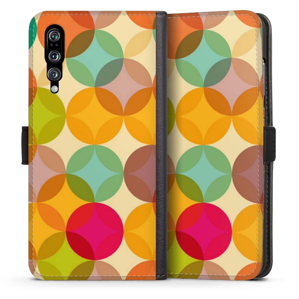 Huawei P20 Pro Handy Klapphülle Handyhülle aus Kunst Leder schwarz Flip Case Circle Art Kunst Sideflip mit Lasche