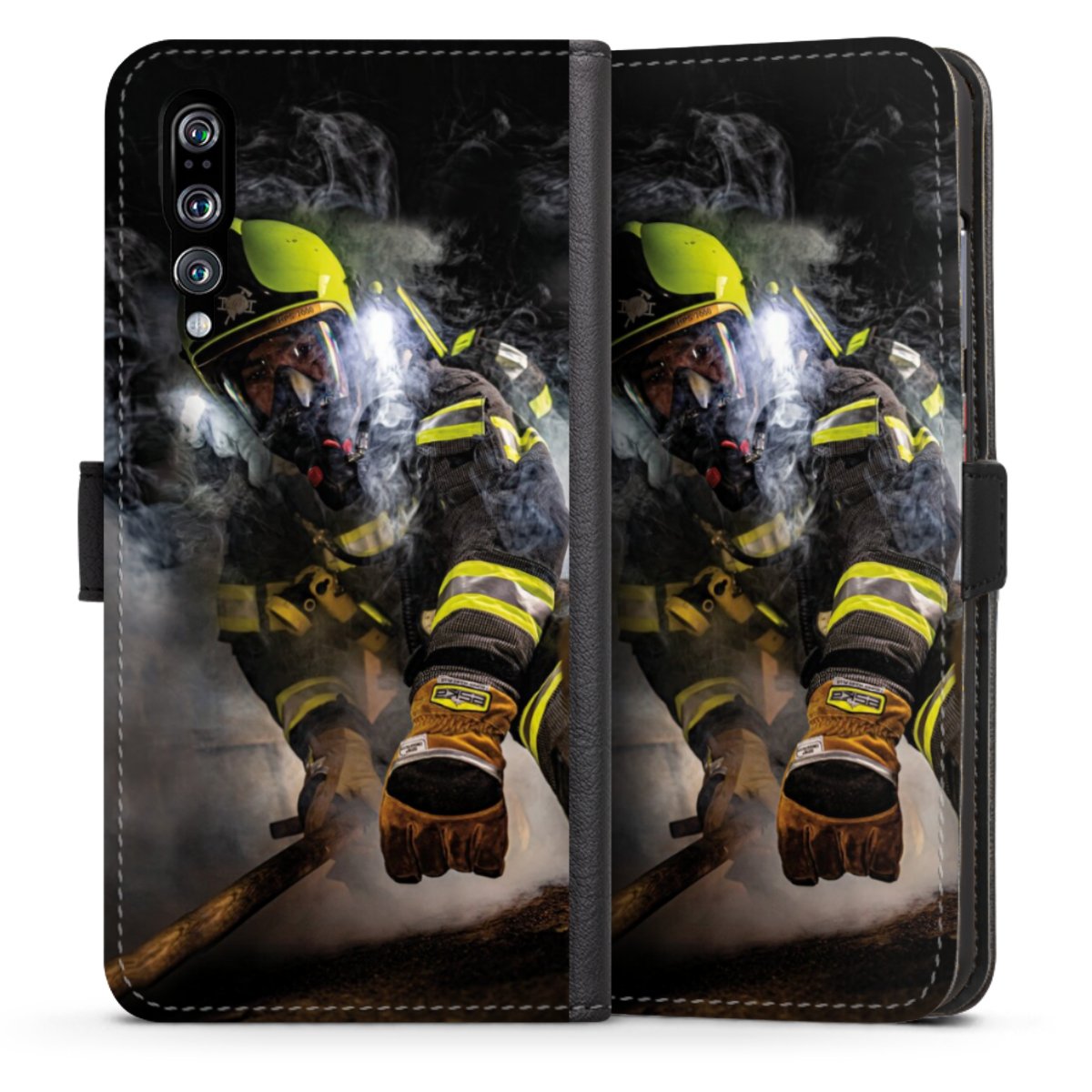 Huawei P20 Pro Handy Klapphülle Handyhülle aus Kunst Leder schwarz Flip Case Fire Fire Fighter Fire Fighters Sideflip mit Lasche