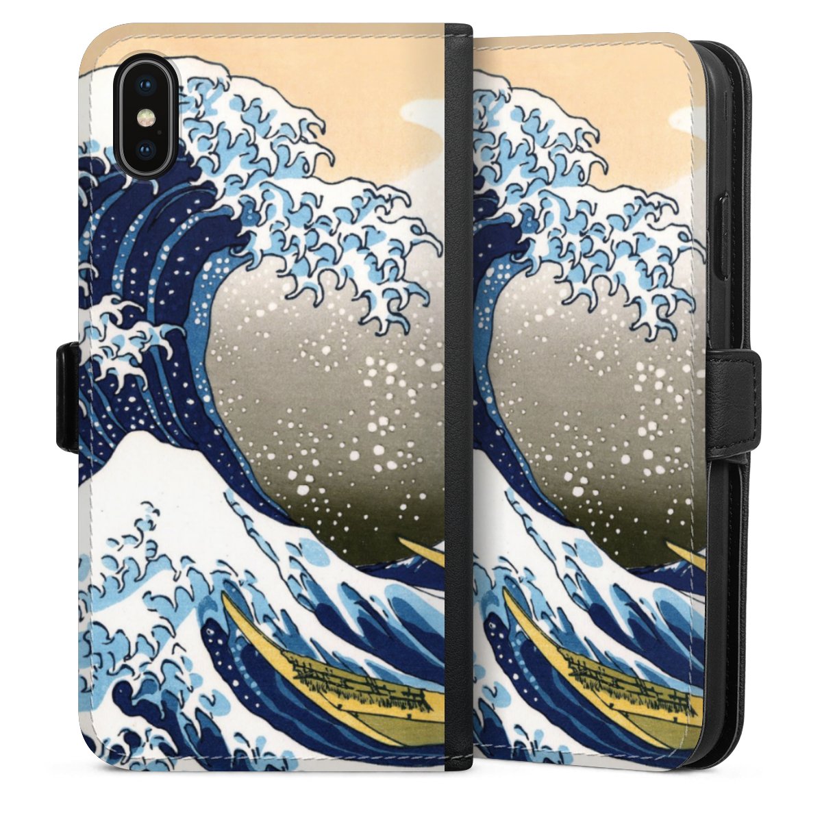 iPhone Xs Max Handy Klapphülle Handyhülle aus Kunst Leder schwarz Flip Case Die Große Welle Vor Kanagawa Kunst Katsushika Hokusai Sideflip mit Lasche