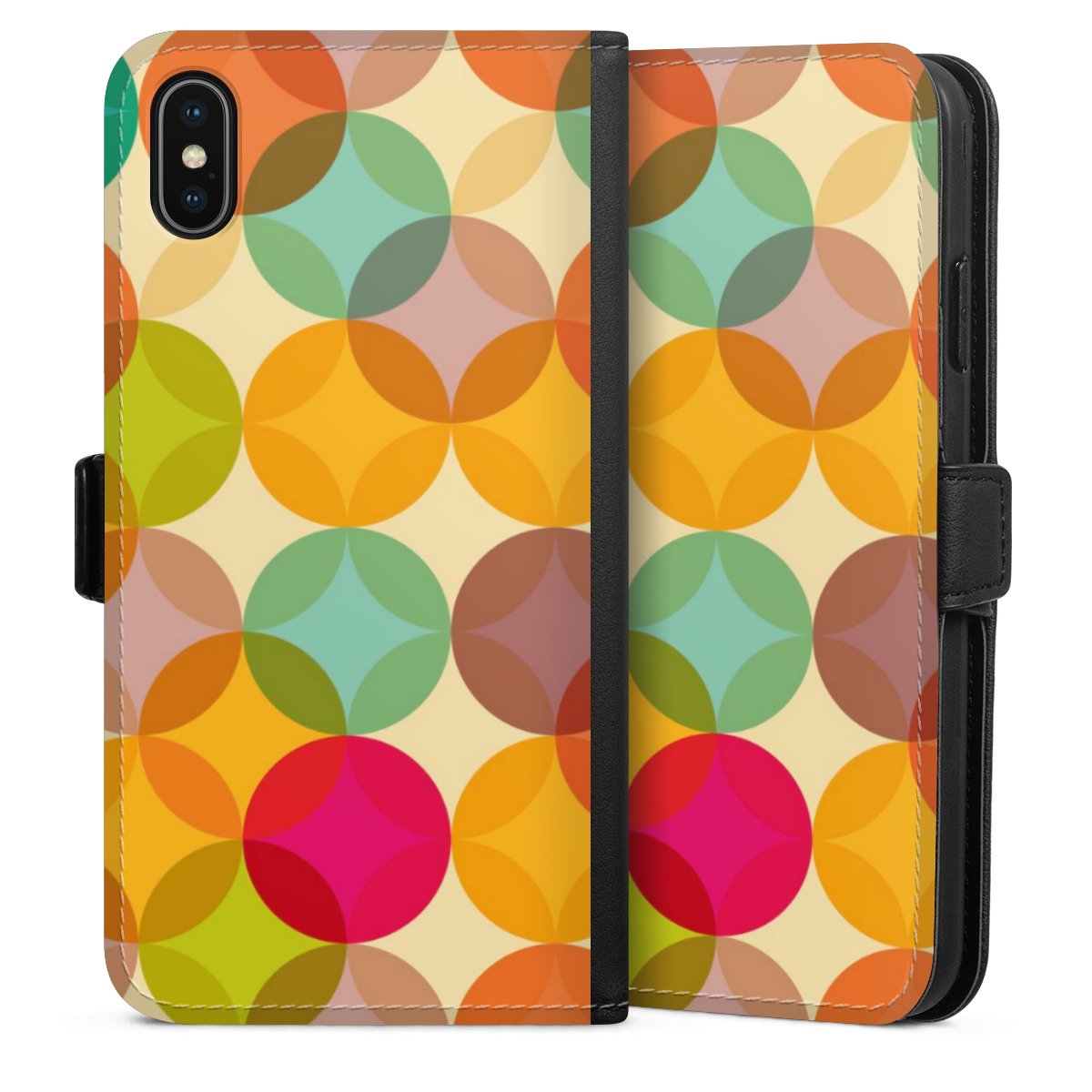 iPhone Xs Max Handy Klapphülle Handyhülle aus Kunst Leder schwarz Flip Case Art Circle Kunst Sideflip mit Lasche