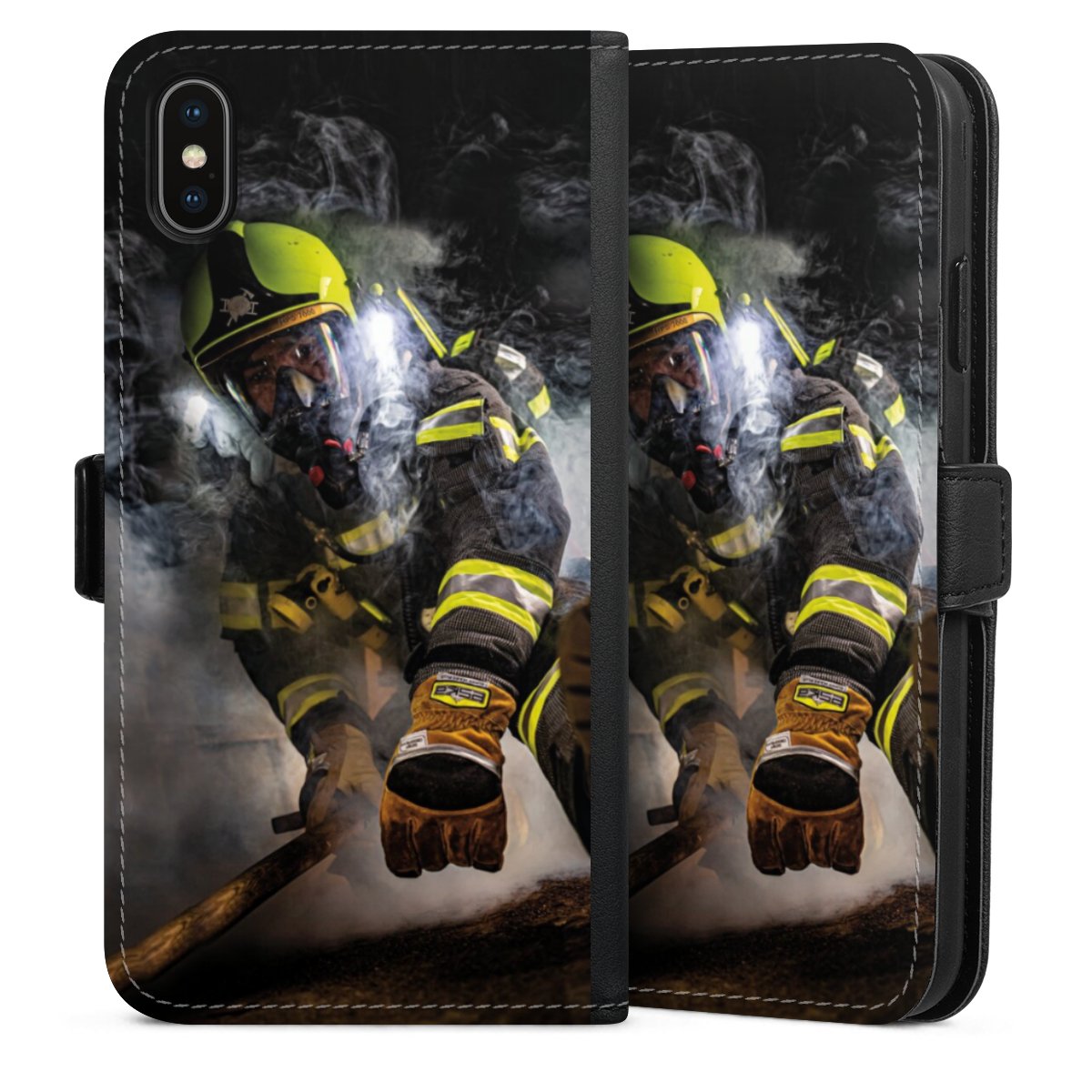 iPhone Xs Max Handy Klapphülle Handyhülle aus Kunst Leder schwarz Flip Case Fire Fighter Fire Fire Fighters Sideflip mit Lasche