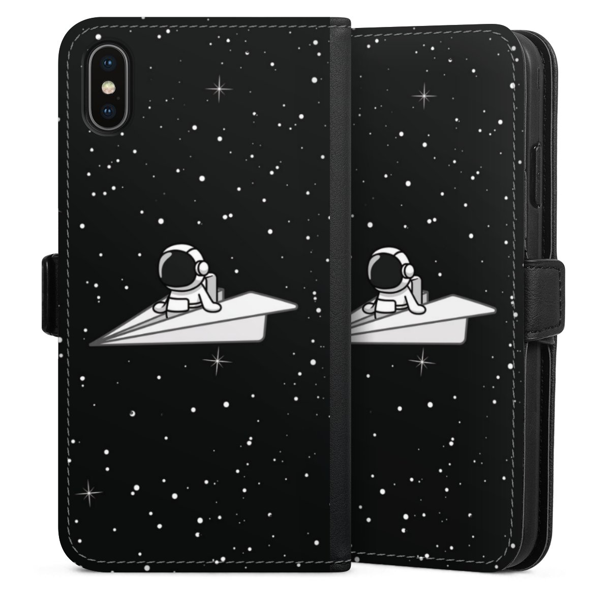 iPhone Xs Max Handy Klapphülle Handyhülle aus Kunst Leder schwarz Flip Case Astronaut Comic Paper Sideflip mit Lasche