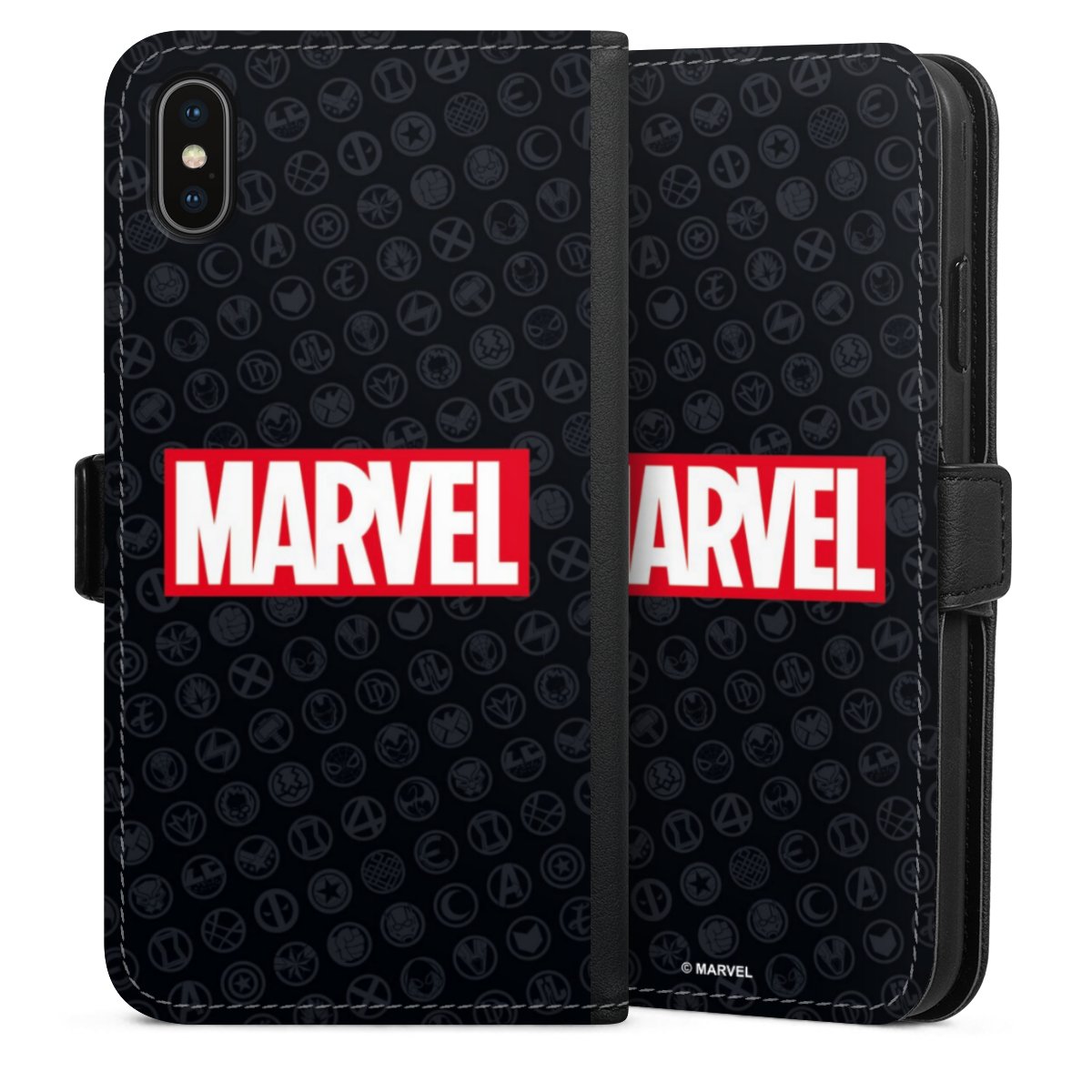 iPhone Xs Max Handy Klapphülle Handyhülle aus Kunst Leder schwarz Flip Case Comic Marvel Logo Sideflip mit Lasche