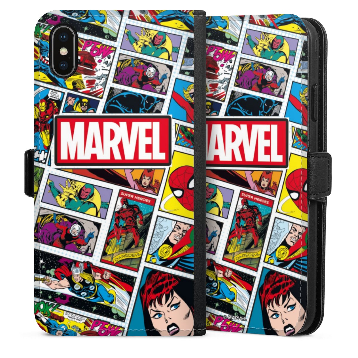 iPhone Xs Max Handy Klapphülle Handyhülle aus Kunst Leder schwarz Flip Case Marvel Comic Muster Sideflip mit Lasche