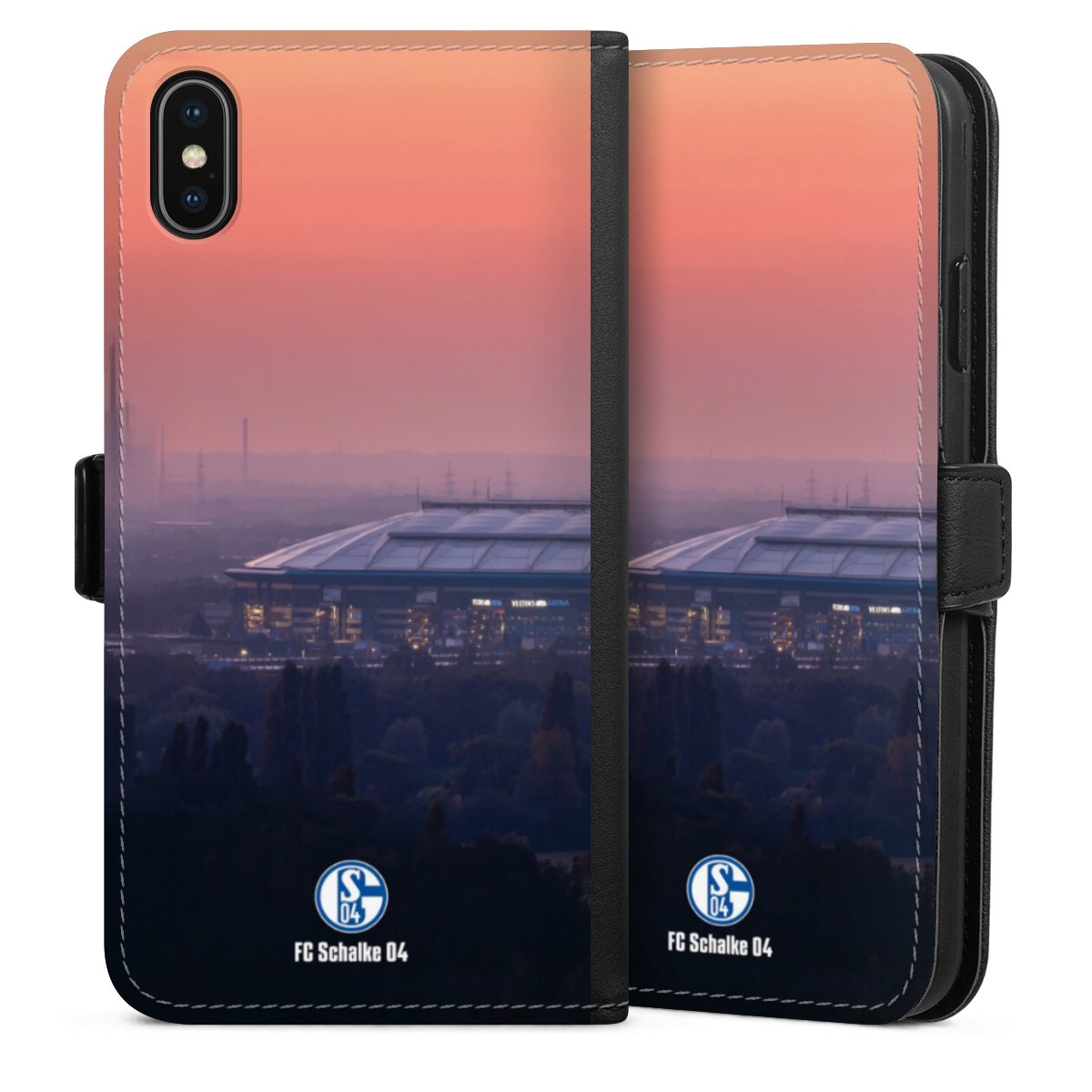 iPhone Xs Max Handy Klapphülle Handyhülle aus Kunst Leder schwarz Flip Case Stadium Schalke 04 Fc Schalke 04 Sideflip mit Lasche