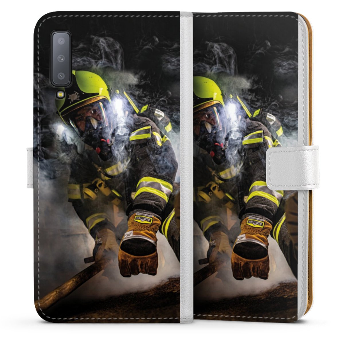 Galaxy A7 (2018) Handy Klapphülle Handyhülle aus Kunst Leder weiß Flip Case Fire Fighter Fire Fire Fighters Sideflip mit Lasche