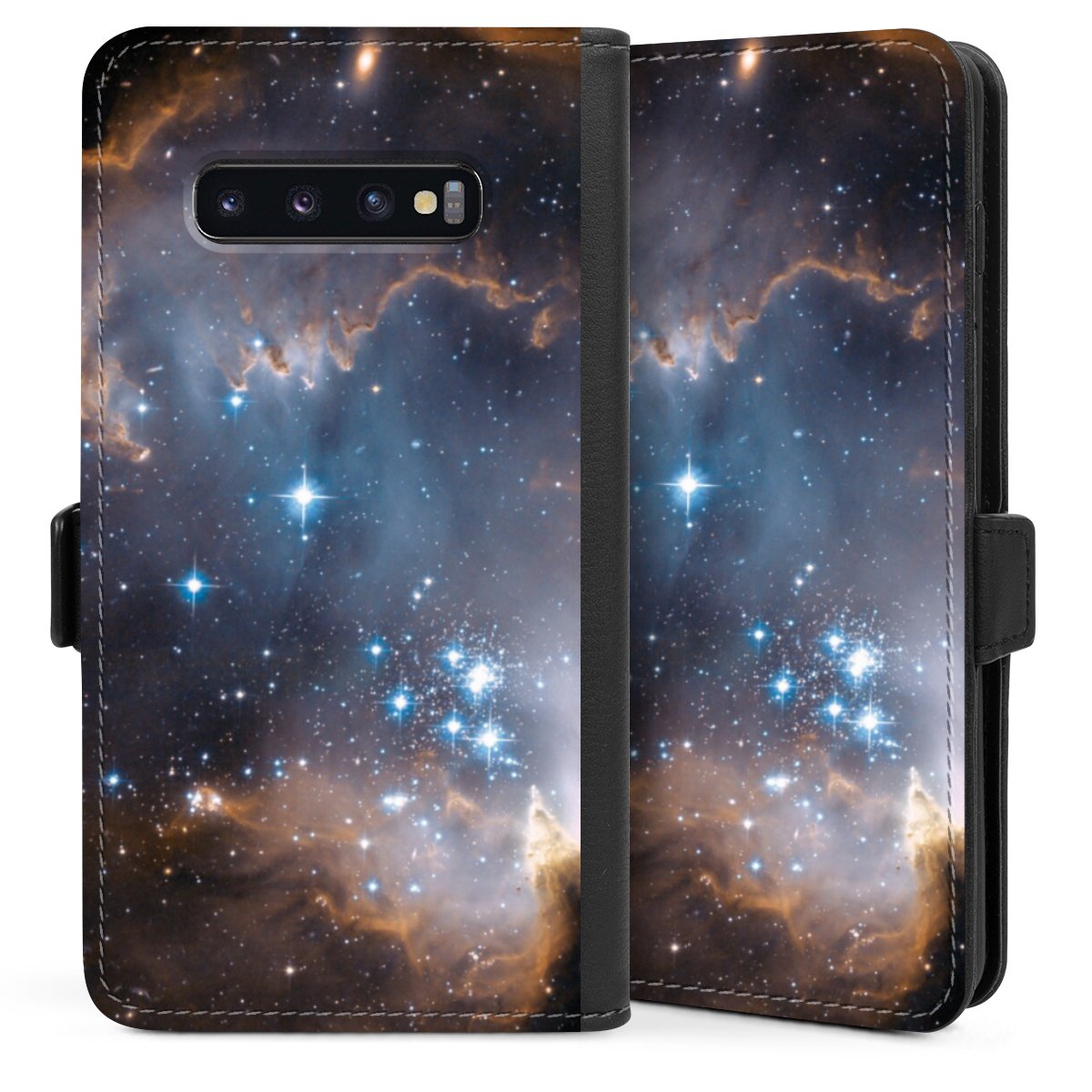 Galaxy S10 Plus Handy Klapphülle Handyhülle aus Kunst Leder schwarz Flip Case Weltall Star Galaxy Sideflip mit Lasche