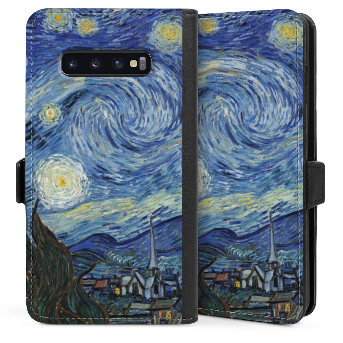 Galaxy S10 Plus Handy Klapphülle Handyhülle aus Kunst Leder schwarz Flip Case Vincent Van Gogh The Starry Night Kunst Sideflip mit Lasche