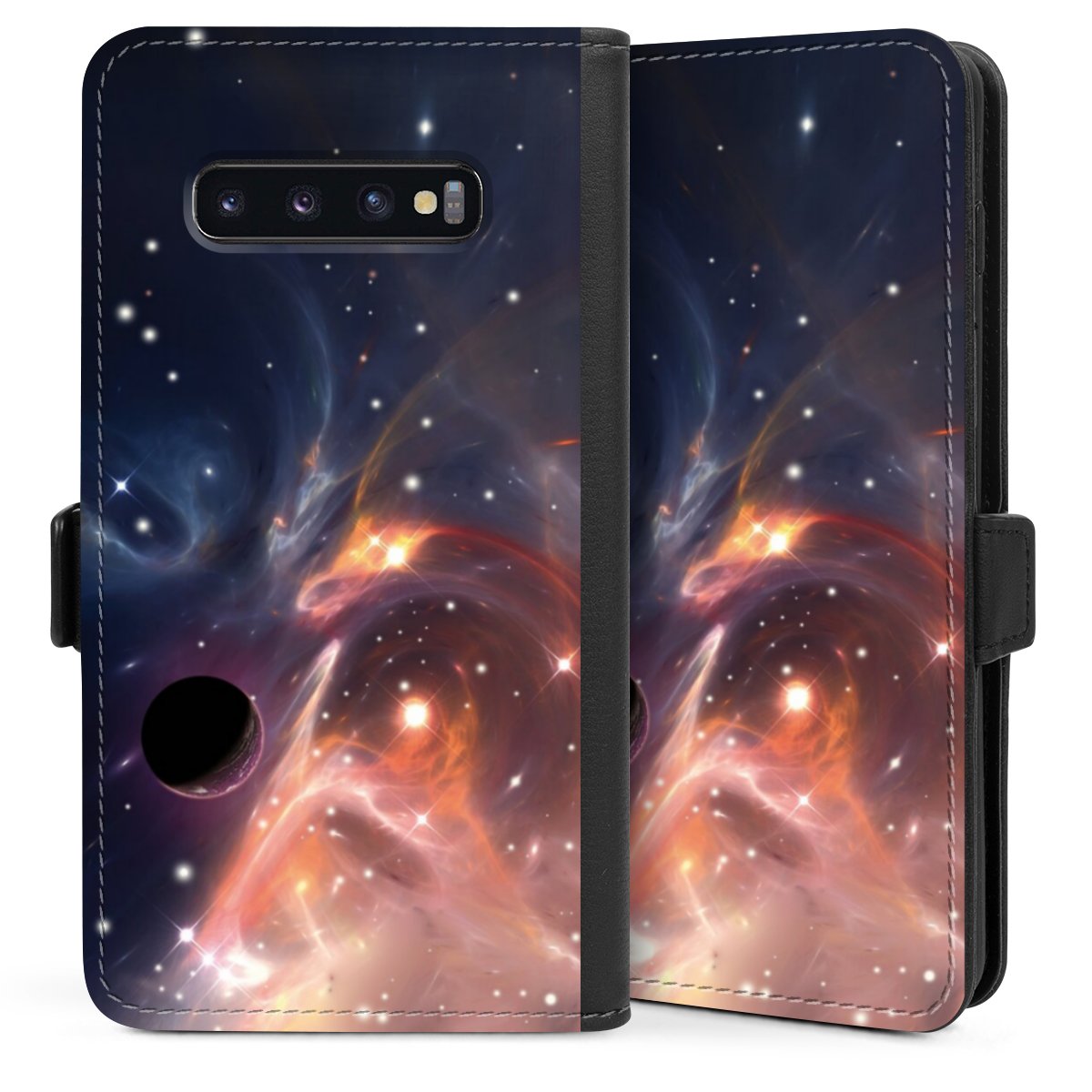 Galaxy S10 Plus Handy Klapphülle Handyhülle aus Kunst Leder schwarz Flip Case Star Space Galaxy Sideflip mit Lasche