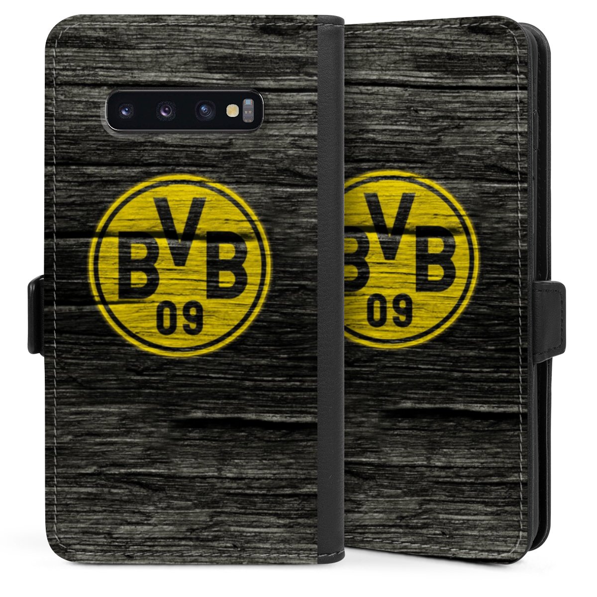 Galaxy S10 Plus Handy Klapphülle Handyhülle aus Kunst Leder schwarz Flip Case Wooden Look Borussia Dortmund Bvb Sideflip mit Lasche