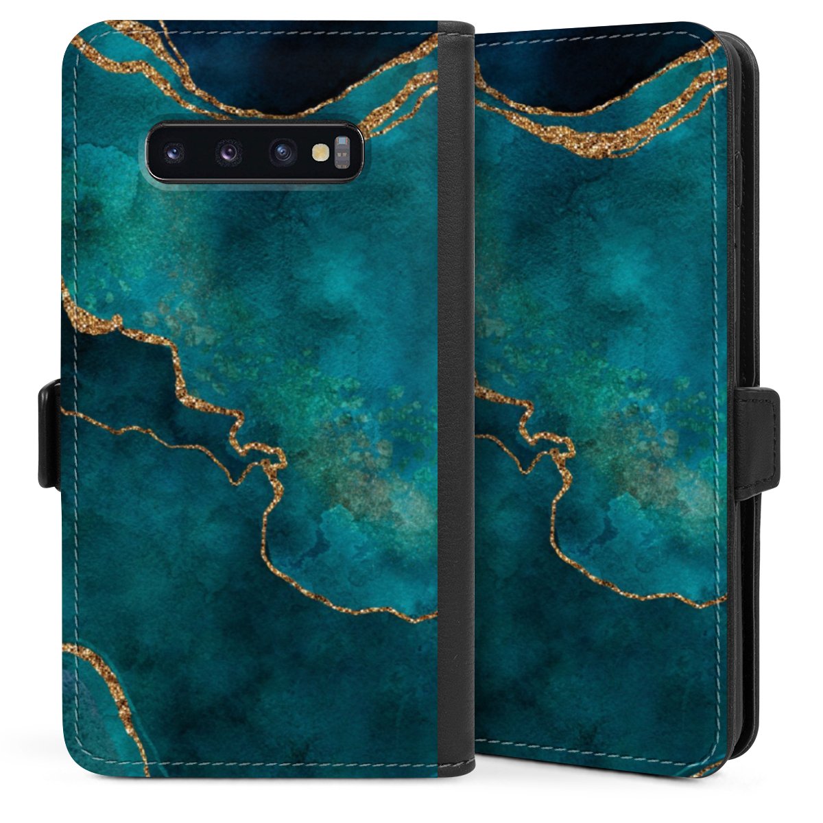 Galaxy S10 Plus Handy Klapphülle Handyhülle aus Kunst Leder schwarz Flip Case Kunst Glitzer Marble Sideflip mit Lasche