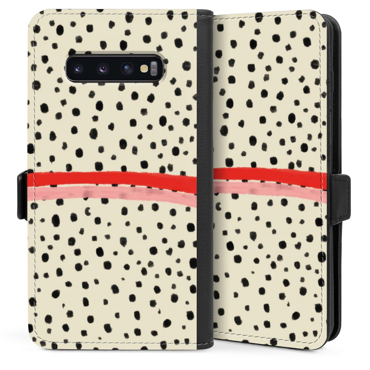 Galaxy S10 Plus Handy Klapphülle Handyhülle aus Kunst Leder schwarz Flip Case Stripes Points Kunst Sideflip mit Lasche