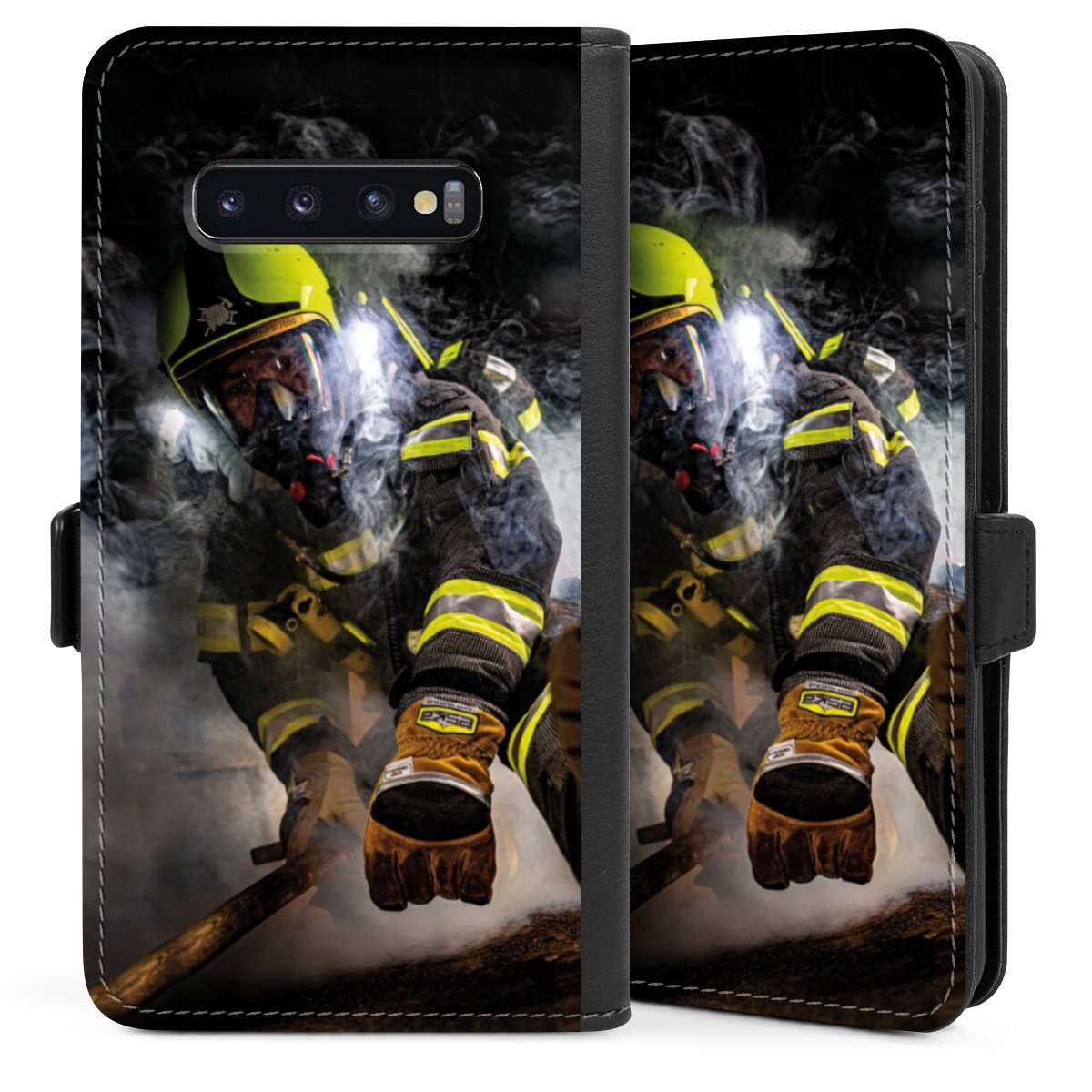 Galaxy S10 Plus Handy Klapphülle Handyhülle aus Kunst Leder schwarz Flip Case Fire Fire Fighter Fire Fighters Sideflip mit Lasche