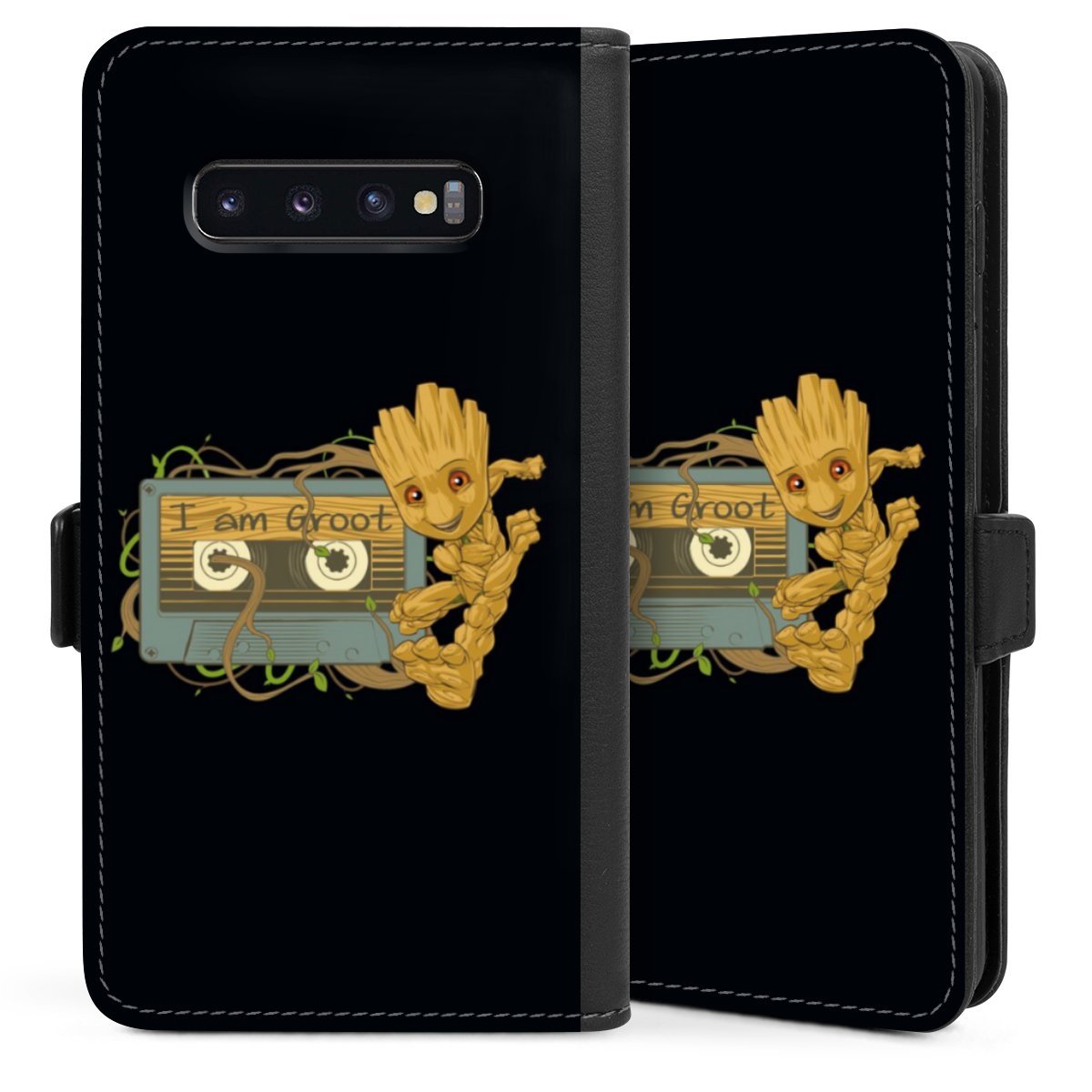 Galaxy S10 Plus Handy Klapphülle Handyhülle aus Kunst Leder schwarz Flip Case Marvel Groot Guardians Of The Galaxy Sideflip mit Lasche