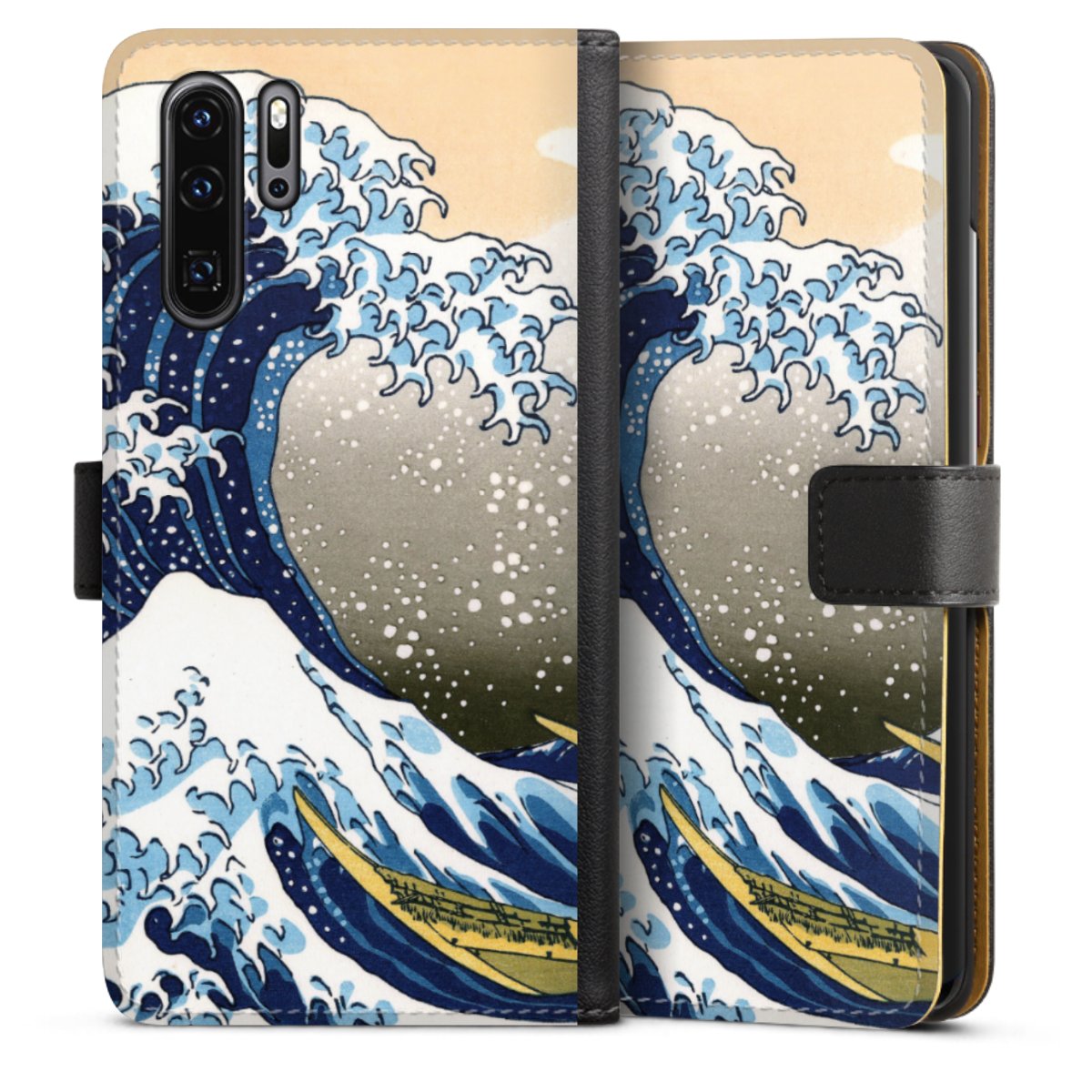 Huawei P30 Pro Handy Klapphülle Handyhülle aus Kunst Leder schwarz Flip Case Katsushika Hokusai Kunst Die Große Welle Vor Kanagawa Sideflip mit langer Lasche