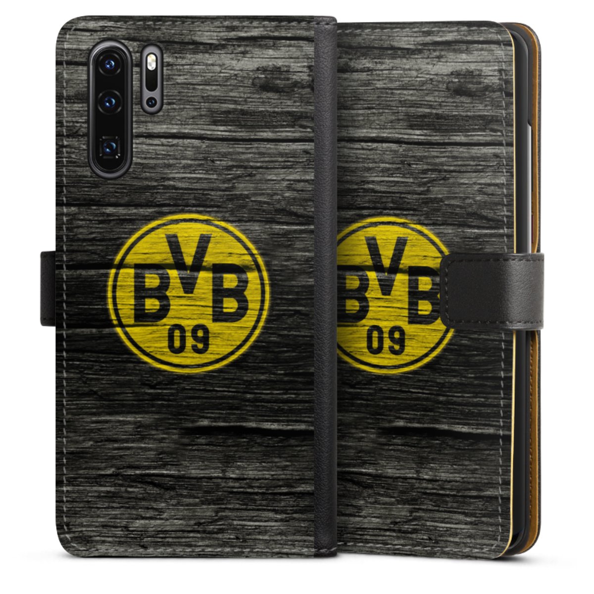Huawei P30 Pro Handy Klapphülle Handyhülle aus Kunst Leder schwarz Flip Case Wooden Look Borussia Dortmund Bvb Sideflip mit langer Lasche