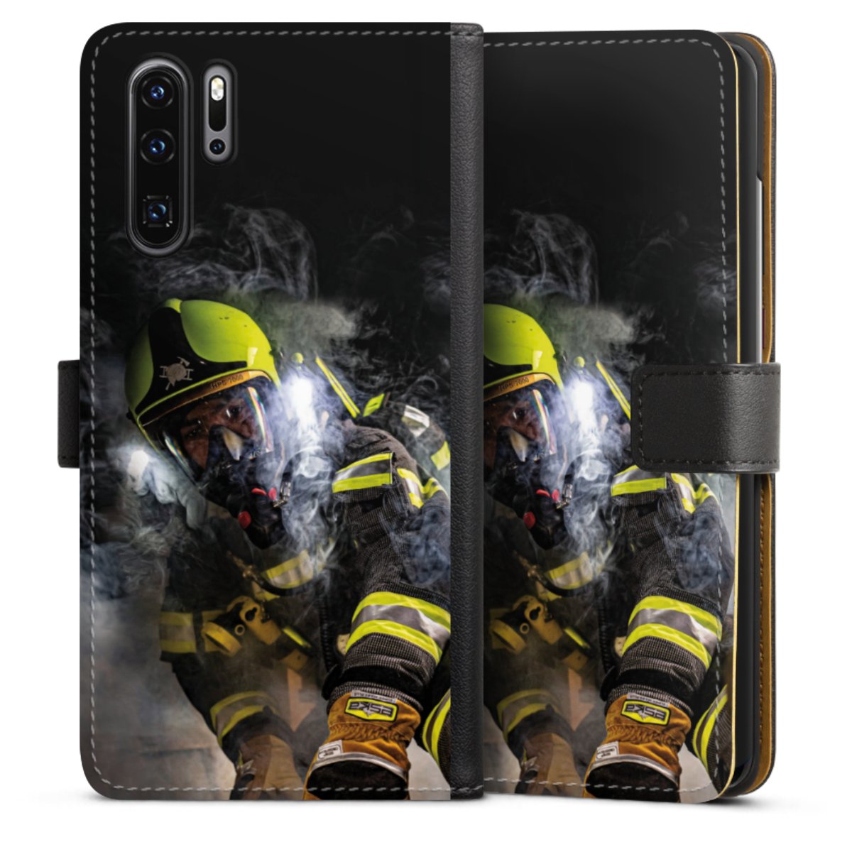 Huawei P30 Pro Handy Klapphülle Handyhülle aus Kunst Leder schwarz Flip Case Fire Fire Fighter Fire Fighters Sideflip mit langer Lasche
