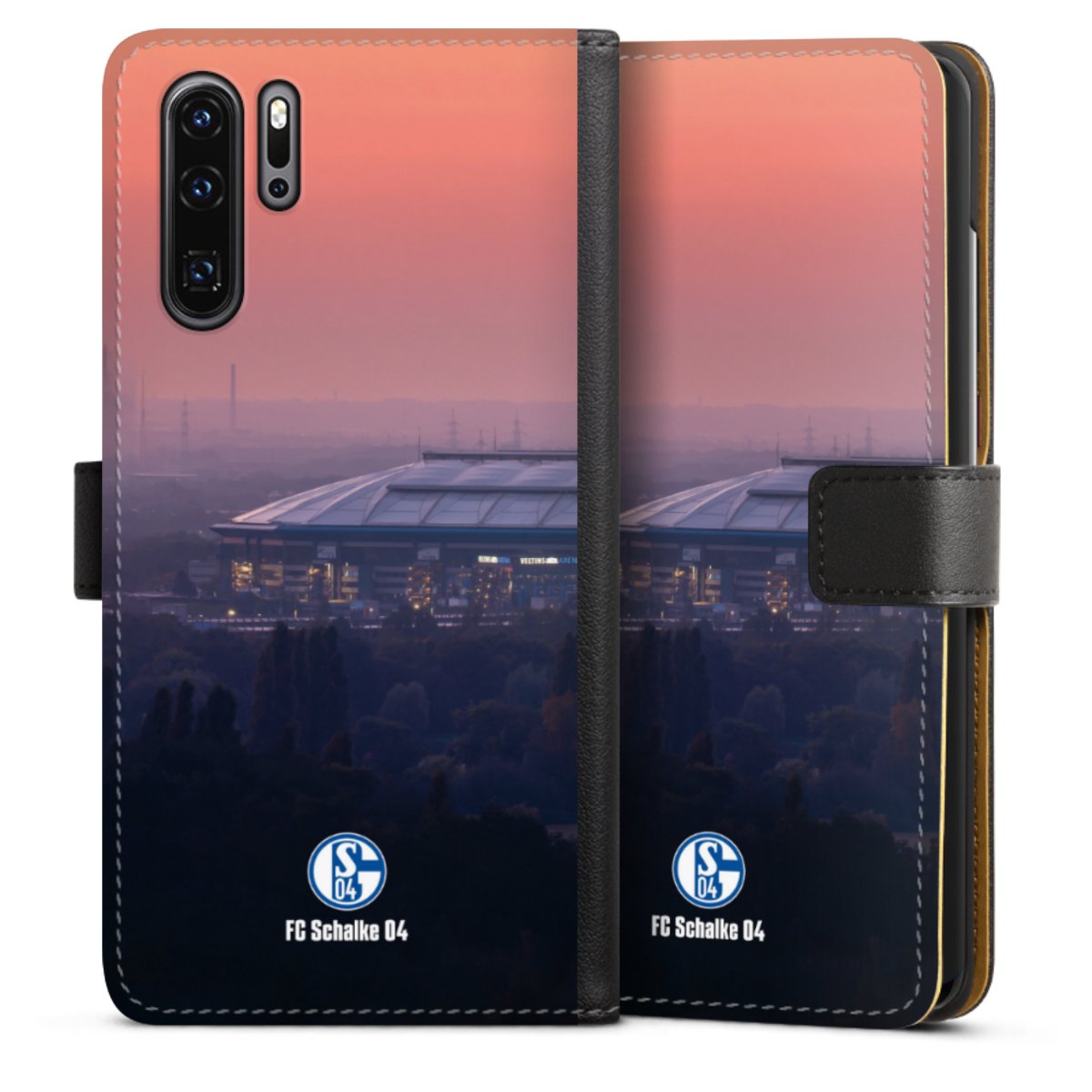 Huawei P30 Pro Handy Klapphülle Handyhülle aus Kunst Leder schwarz Flip Case Fc Schalke 04 Stadium Schalke 04 Sideflip mit langer Lasche