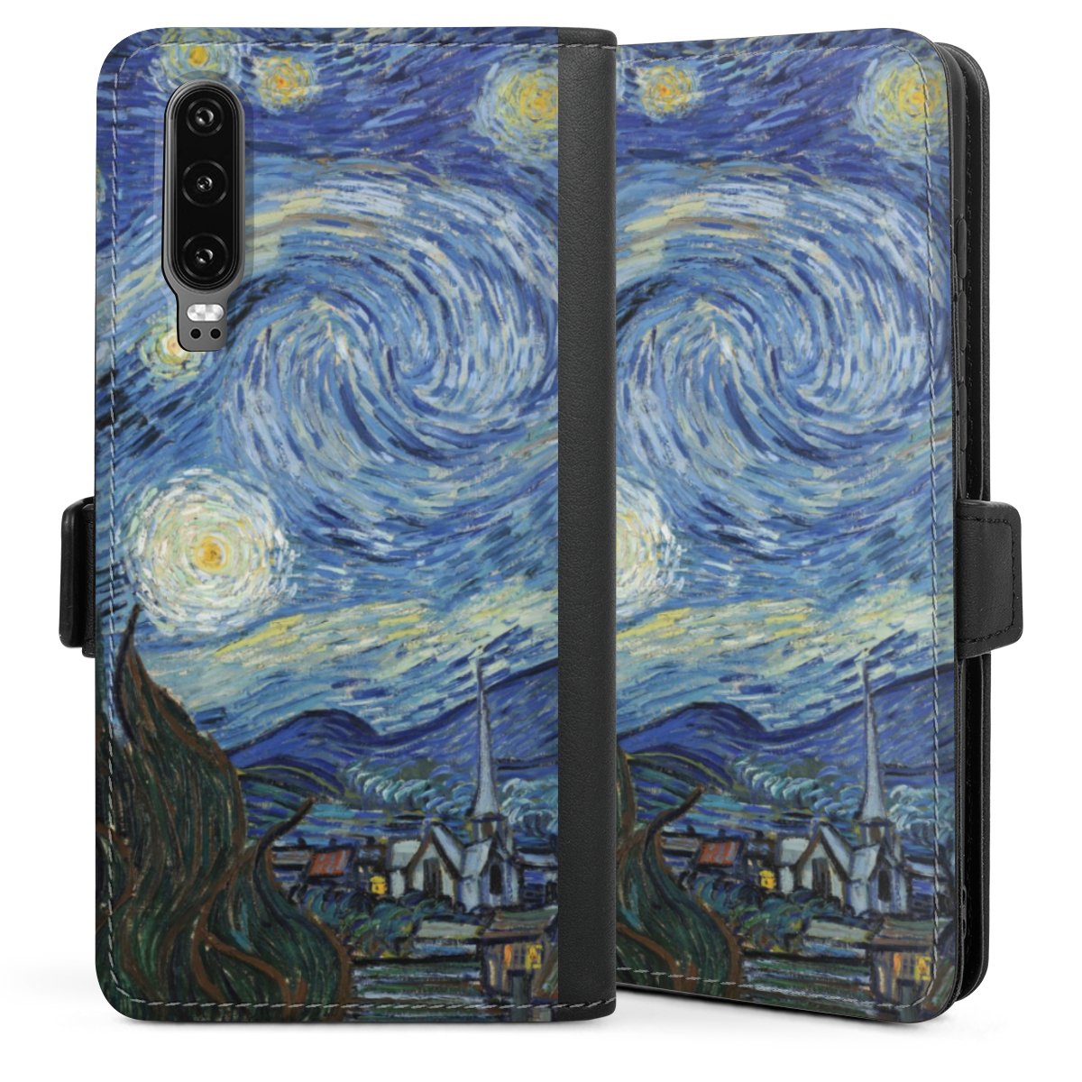 Huawei P30 Handy Klapphülle Handyhülle aus Kunst Leder schwarz Flip Case Vincent Van Gogh The Starry Night Kunst Sideflip mit langer Lasche