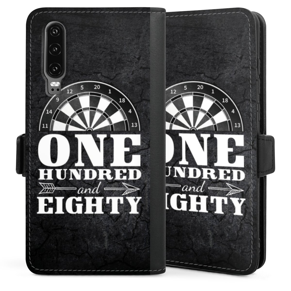 Huawei P30 Handy Klapphülle Handyhülle aus Kunst Leder schwarz Flip Case Spruch Darts Sports Sideflip mit langer Lasche
