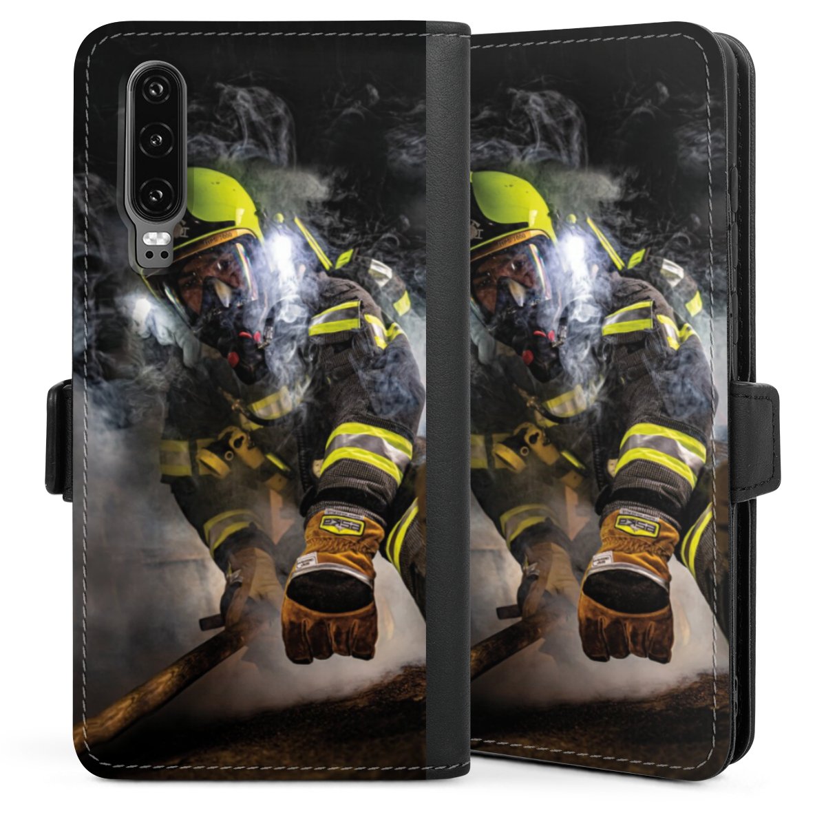 Huawei P30 Handy Klapphülle Handyhülle aus Kunst Leder schwarz Flip Case Fire Fire Fighter Fire Fighters Sideflip mit langer Lasche