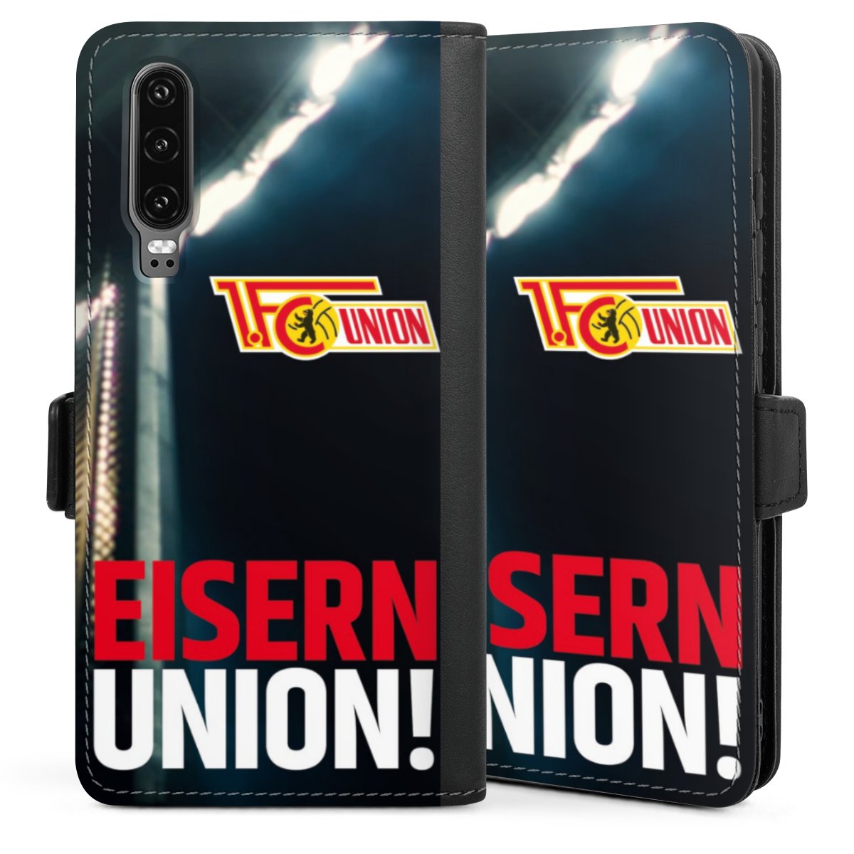 Huawei P30 Handy Klapphülle Handyhülle aus Kunst Leder schwarz Flip Case 1. Fc Union Berlin Merchandise Soccer Sideflip mit langer Lasche