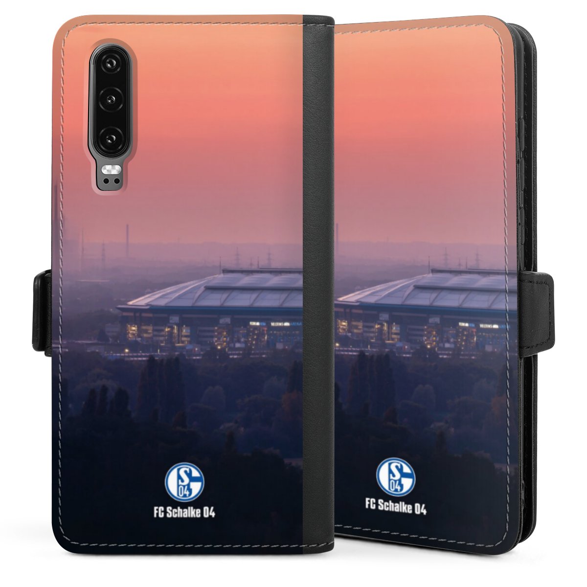 Huawei P30 Handy Klapphülle Handyhülle aus Kunst Leder schwarz Flip Case Schalke 04 Fc Schalke 04 Stadium Sideflip mit langer Lasche