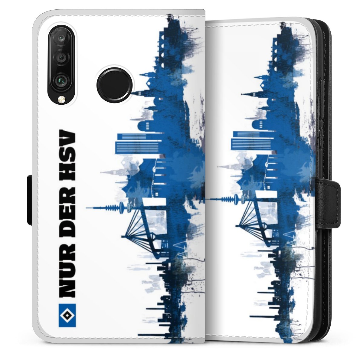Huawei P30 Lite Handy Klapphülle Handyhülle aus Kunst Leder schwarz Flip Case Official Licensed Product Hsv Bundesliga Sideflip mit Lasche