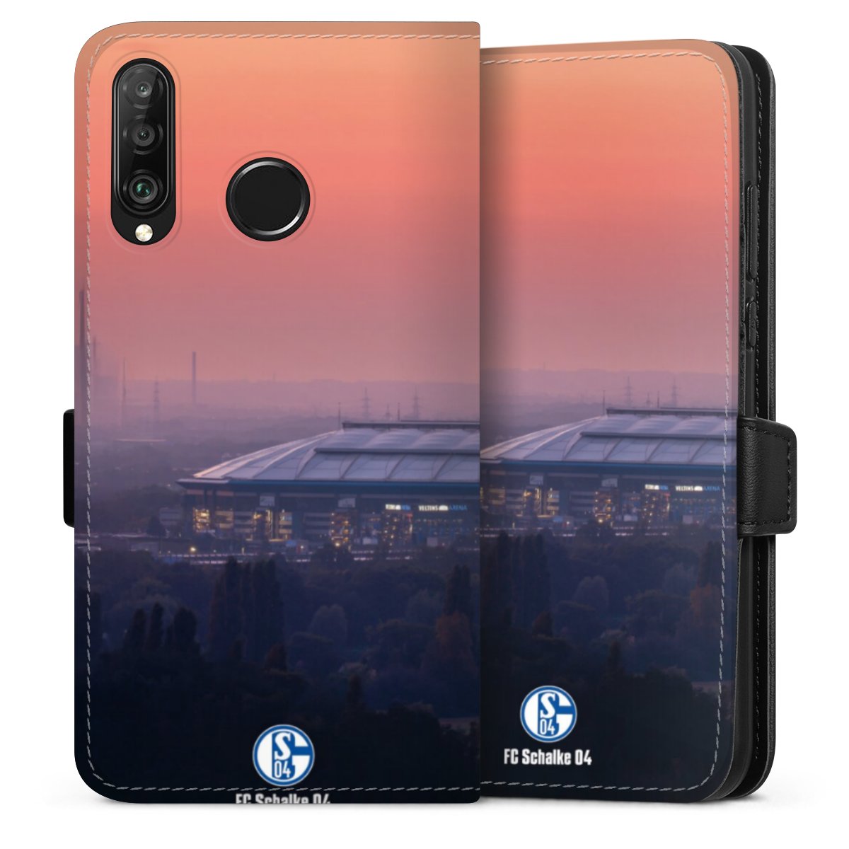 Huawei P30 Lite Handy Klapphülle Handyhülle aus Kunst Leder schwarz Flip Case Fc Schalke 04 Stadium Schalke 04 Sideflip mit Lasche