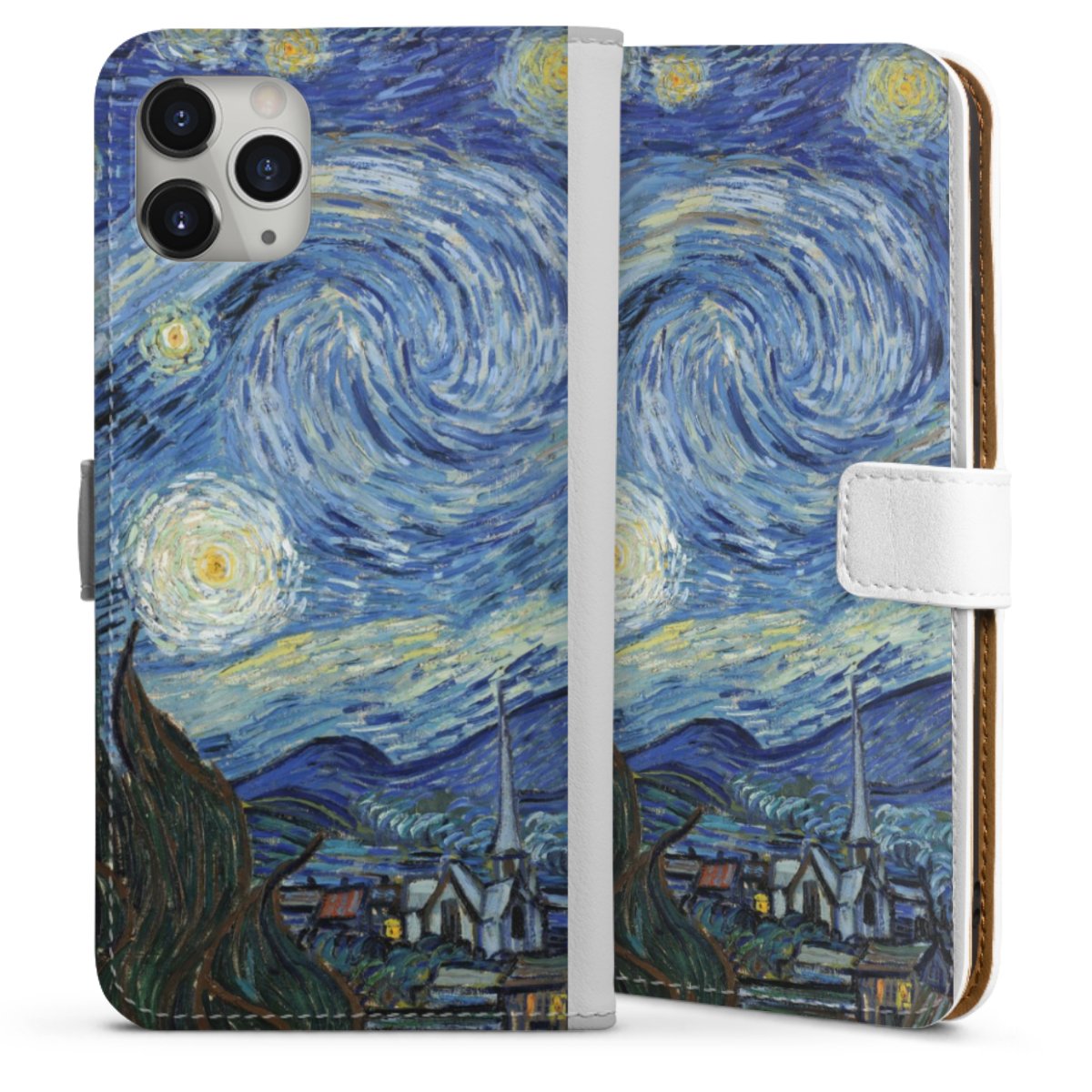 iPhone 11 Pro Max Handy Klapphülle Handyhülle aus Kunst Leder weiß Flip Case Vincent Van Gogh The Starry Night Kunst Sideflip mit Lasche