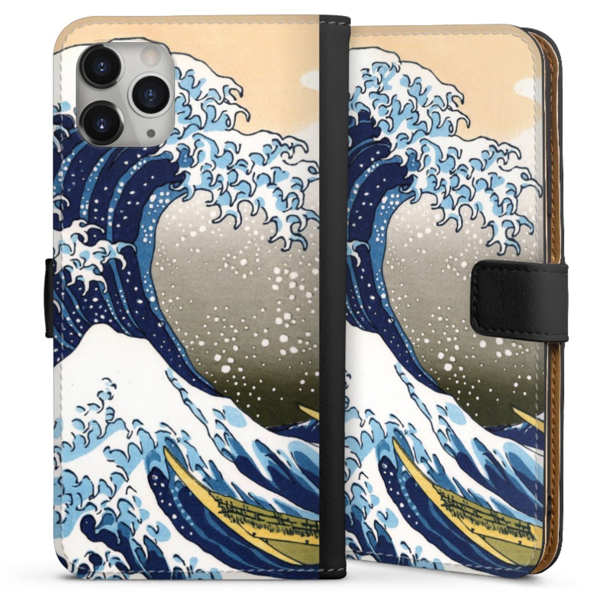 iPhone 11 Pro Max Handy Klapphülle Handyhülle aus Kunst Leder schwarz Flip Case Katsushika Hokusai Kunst Die Große Welle Vor Kanagawa Sideflip mit langer Lasche