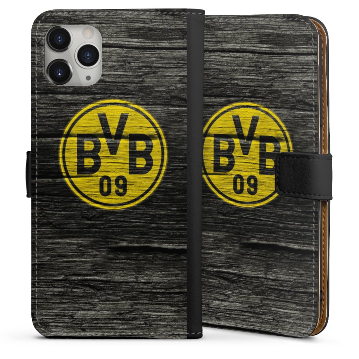iPhone 11 Pro Max Handy Klapphülle Handyhülle aus Kunst Leder schwarz Flip Case Wooden Look Borussia Dortmund Bvb Sideflip mit langer Lasche